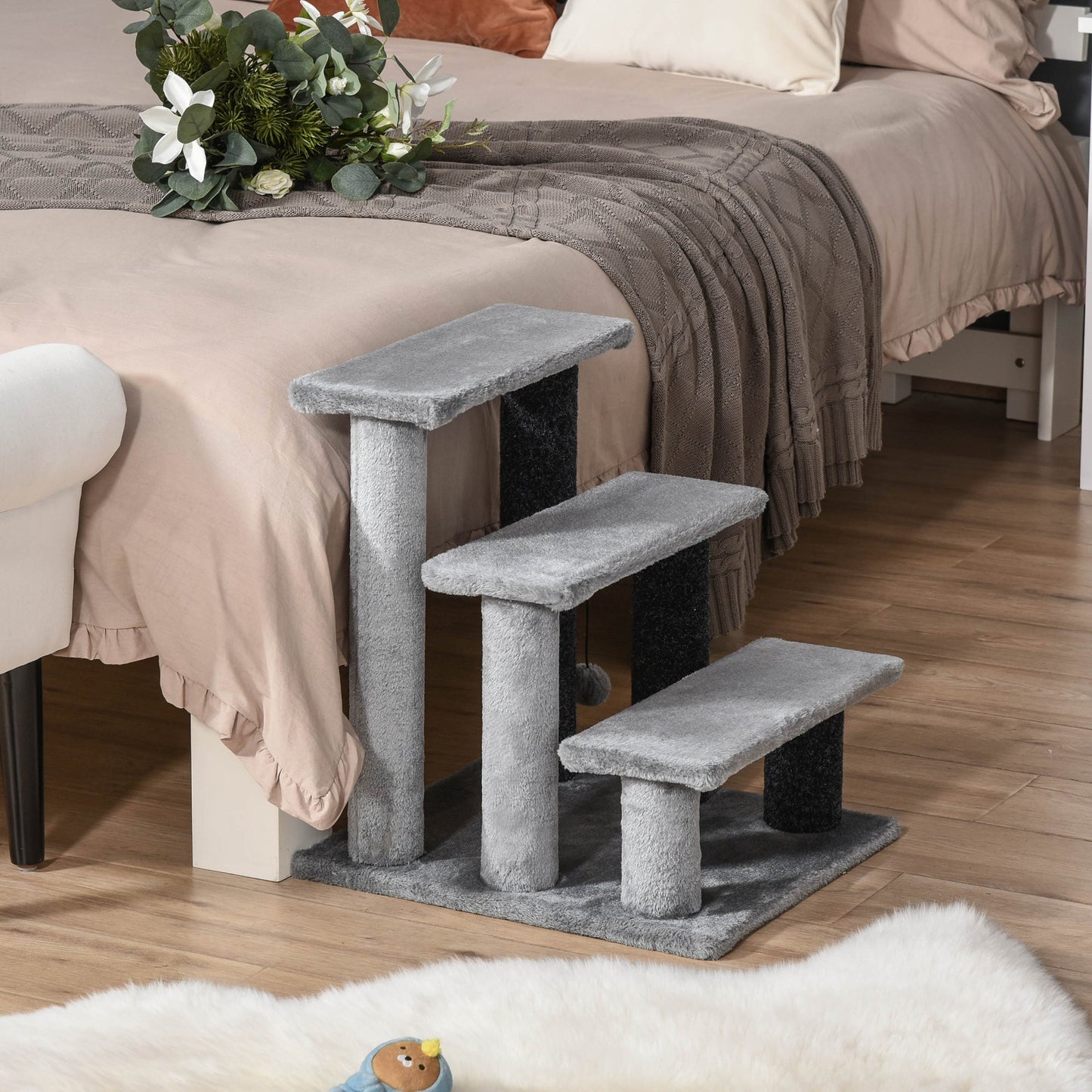Pet Stairs, Cat Tree Climb Ladder with 3-step Stair, Scratching Posts, Platforms, Toy Ball, for Indoor Cats, Grey
