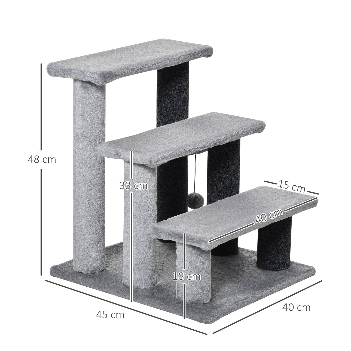 Pet Stairs, Cat Tree Climb Ladder with 3-step Stair, Scratching Posts, Platforms, Toy Ball, for Indoor Cats, Grey