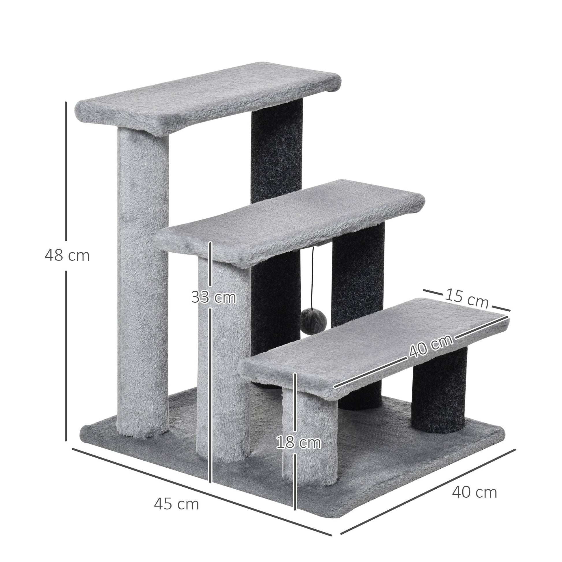Pet Stairs, Cat Tree Climb Ladder with 3-step Stair, Scratching Posts, Platforms, Toy Ball, for Indoor Cats, Grey