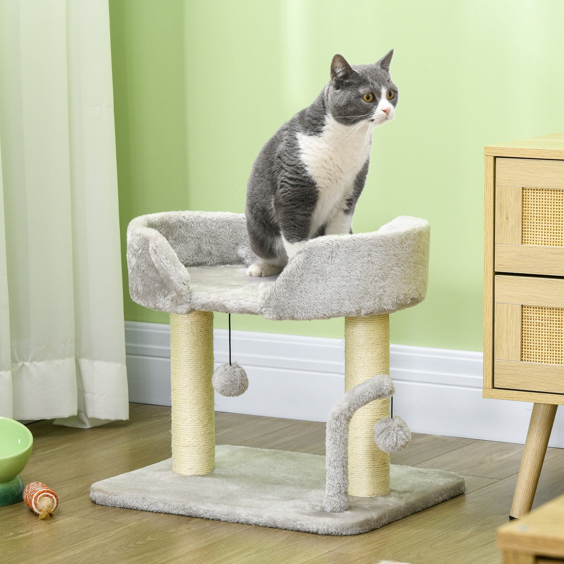 Cat Scratching Post Cat Tree Tower With Bed for Indoor Cats Scratcher Toy Balls 48 x 38 x 42cm - Light Grey