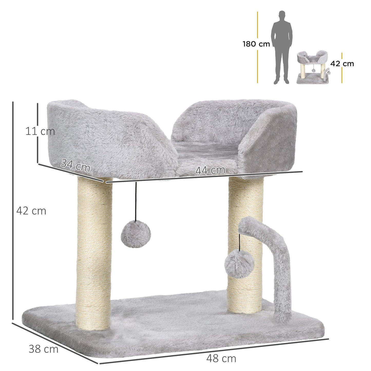 Cat Scratching Post Cat Tree Tower With Bed for Indoor Cats Scratcher Toy Balls 48 x 38 x 42cm - Light Grey