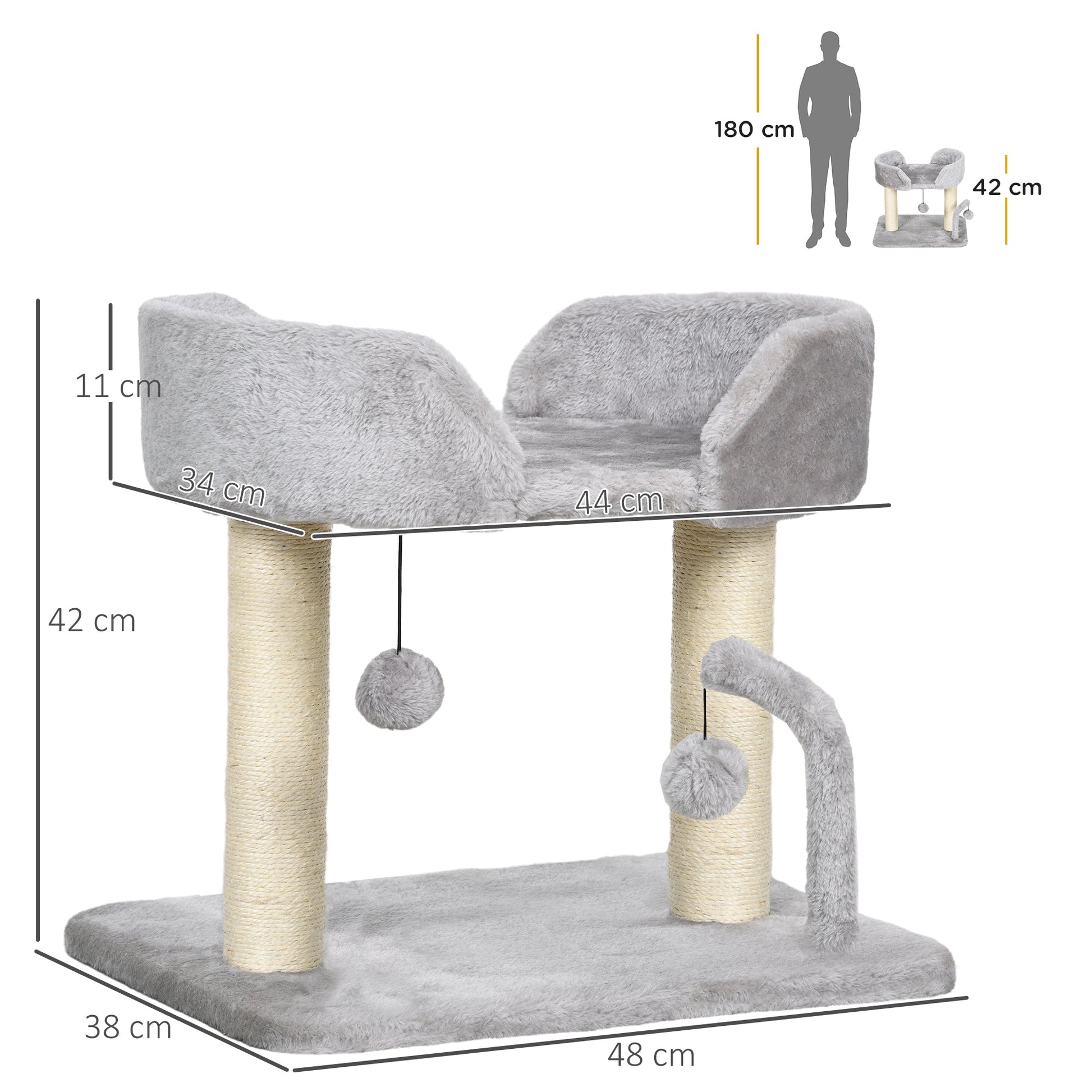 Cat Scratching Post Cat Tree Tower With Bed for Indoor Cats Scratcher Toy Balls 48 x 38 x 42cm - Light Grey