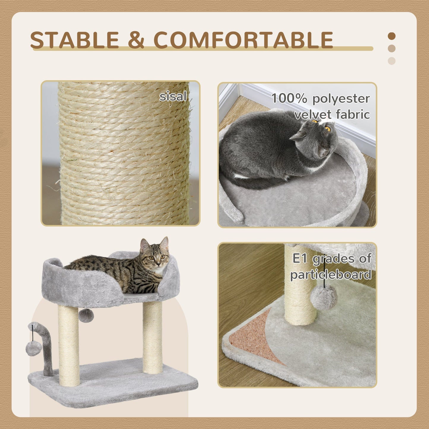 Cat Scratching Post Cat Tree Tower With Bed for Indoor Cats Scratcher Toy Balls 48 x 38 x 42cm - Light Grey