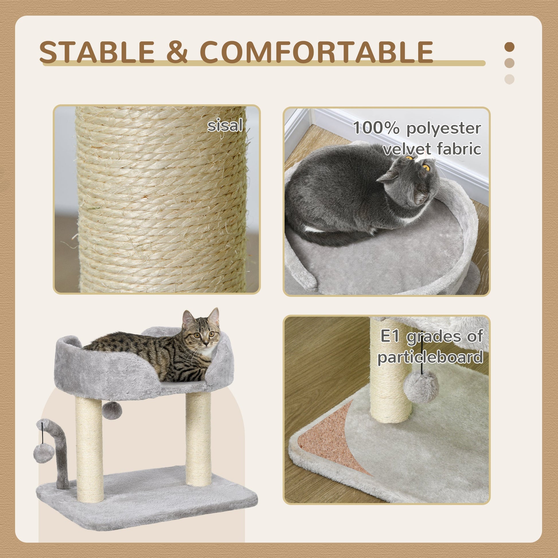 Cat Scratching Post Cat Tree Tower With Bed for Indoor Cats Scratcher Toy Balls 48 x 38 x 42cm - Light Grey