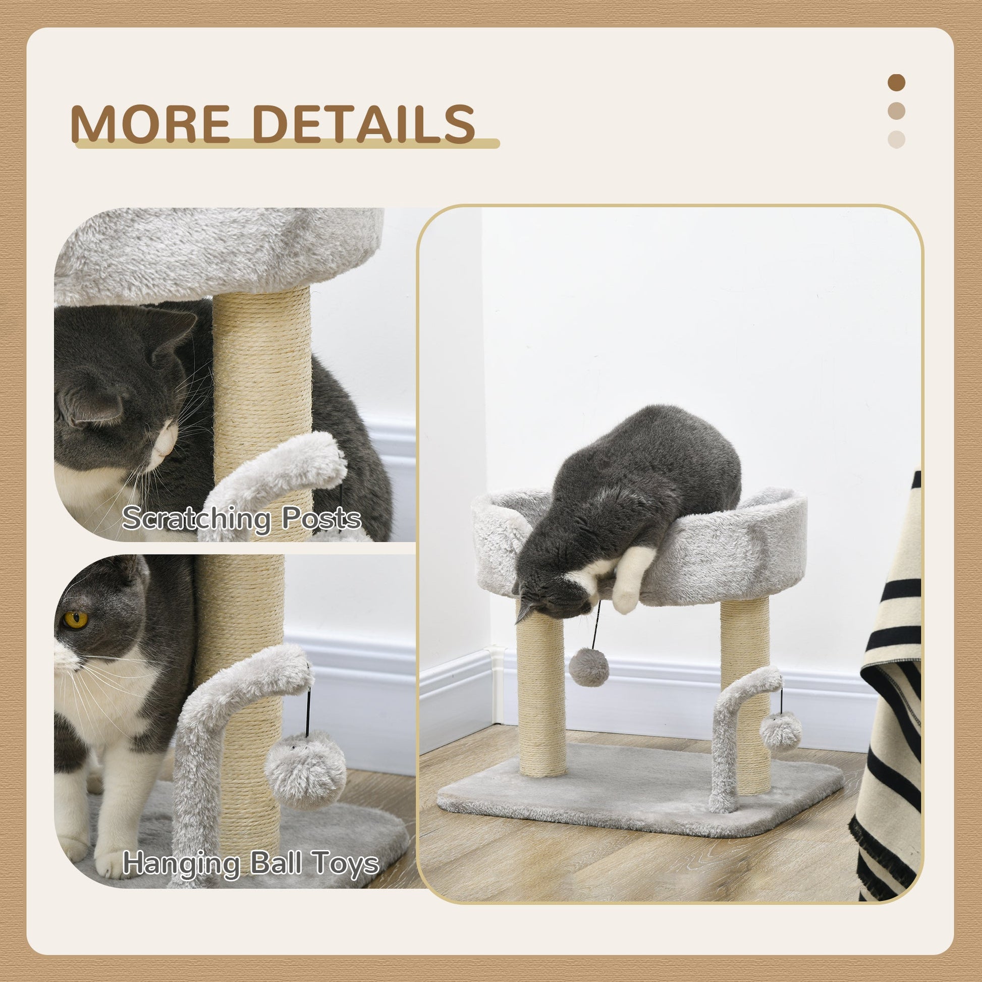 Cat Scratching Post Cat Tree Tower With Bed for Indoor Cats Scratcher Toy Balls 48 x 38 x 42cm - Light Grey