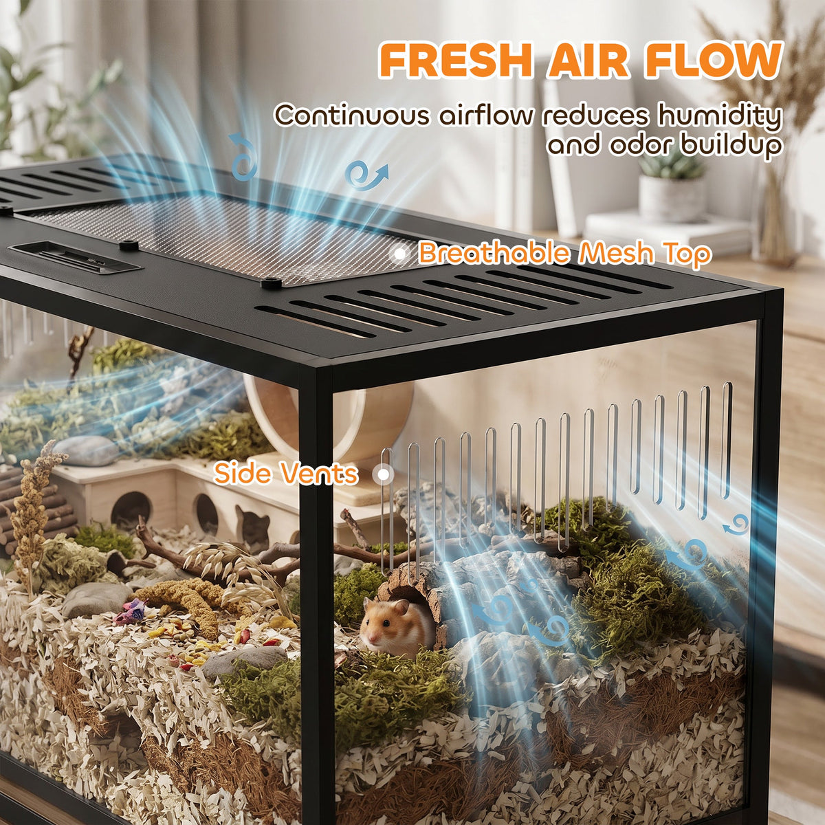 Large Hamster Cage, Chewproof Metal Rat Cage with Deep Base, Openable Top & Excellent Ventilation, Transparent Small Animal Habitat for Syrian Dwarf Hamster, Gerbil, 100 x 50 x 52.5 cm, Black
