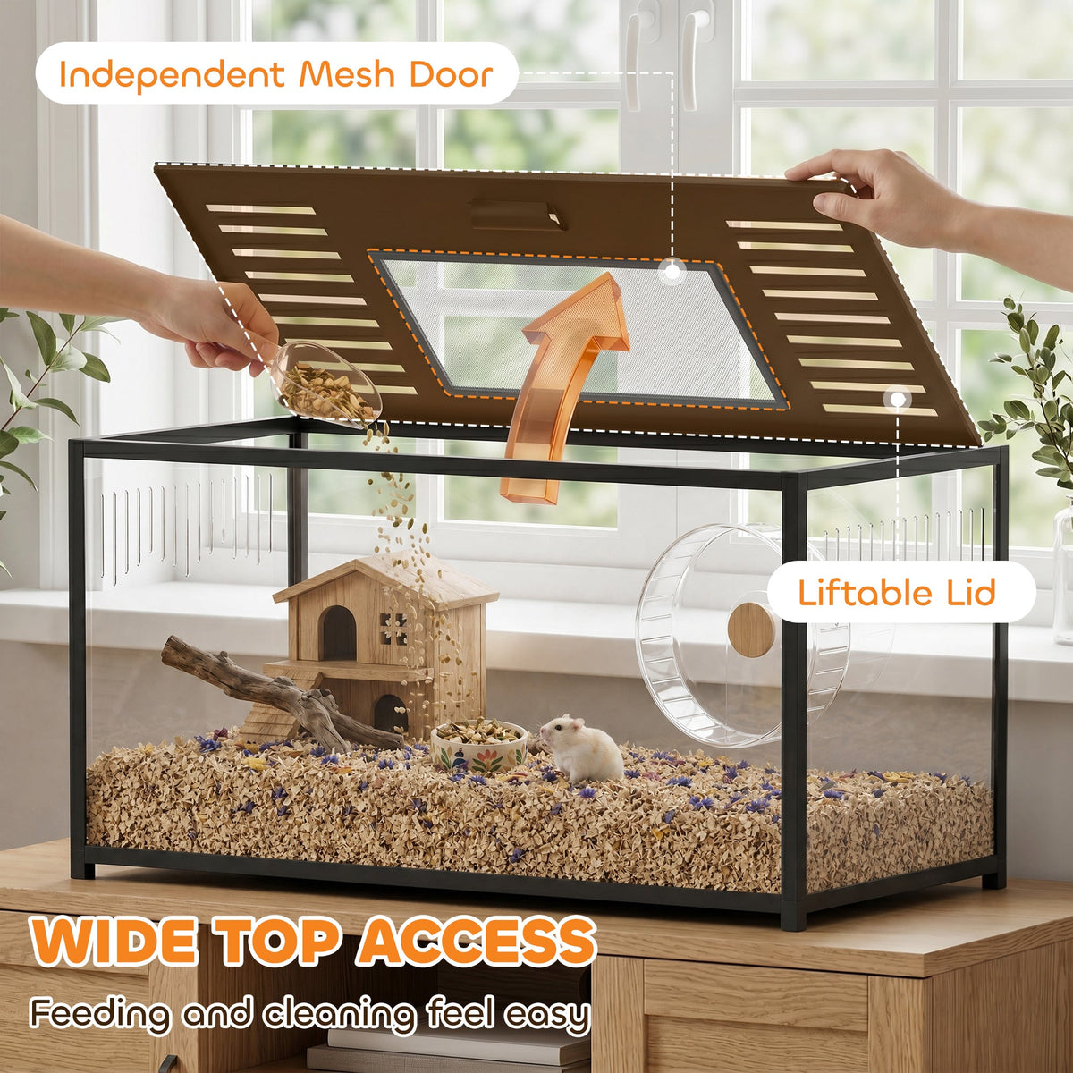 Large Hamster Cage, Chewproof Metal Rat Cage with Deep Base, Openable Top & Excellent Ventilation, Transparent Small Animal Habitat for Syrian Dwarf Hamster, Gerbil, 100 x 50 x 52.5 cm, Black