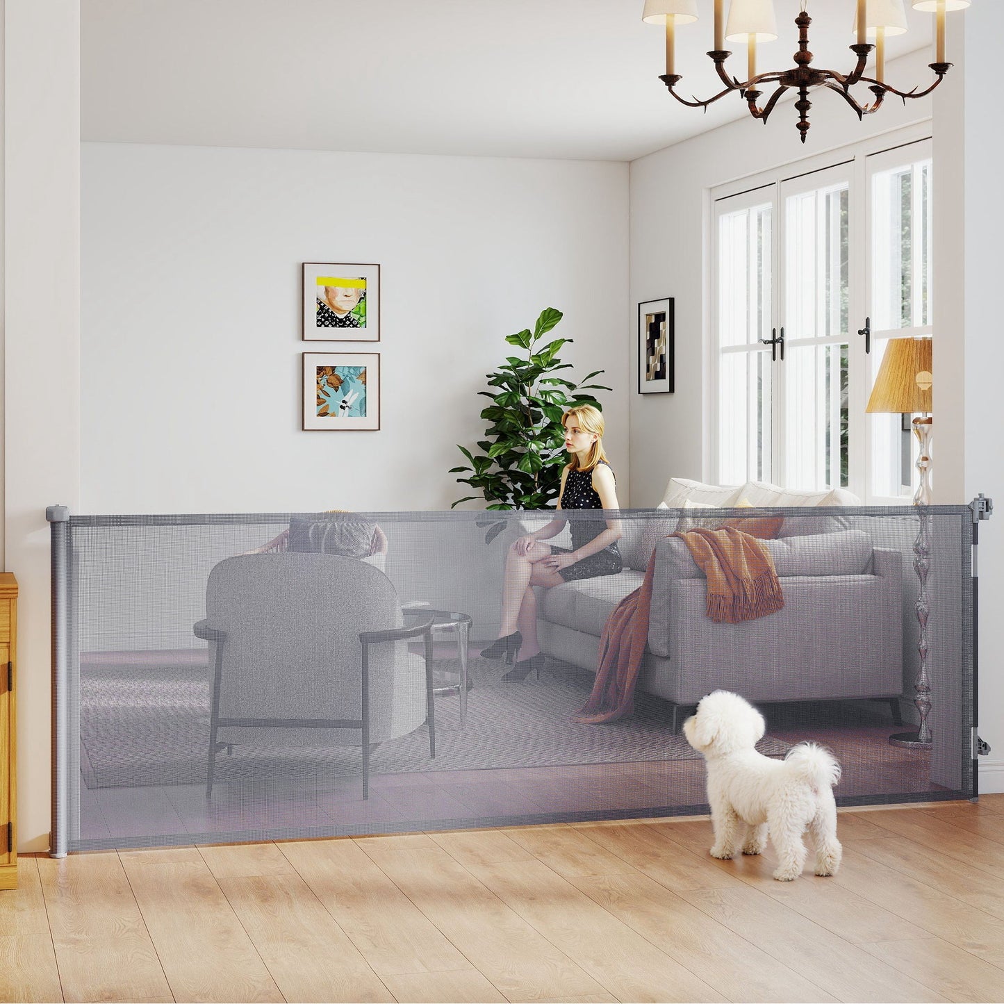 Retractable Stair Gate for Dogs, Pet Gate, Extends to 300 cm Wide & 104 cm Tall, One Handed Operation, for Stairs, Hallways, Doorways, Indoor and Outdoor, Grey