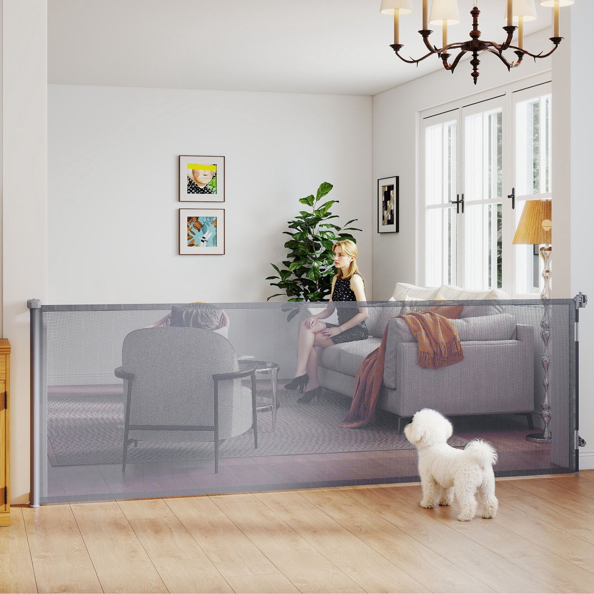 Retractable Stair Gate for Dogs, Pet Gate, Extends to 300 cm Wide & 104 cm Tall, One Handed Operation, for Stairs, Hallways, Doorways, Indoor and Outdoor, Grey