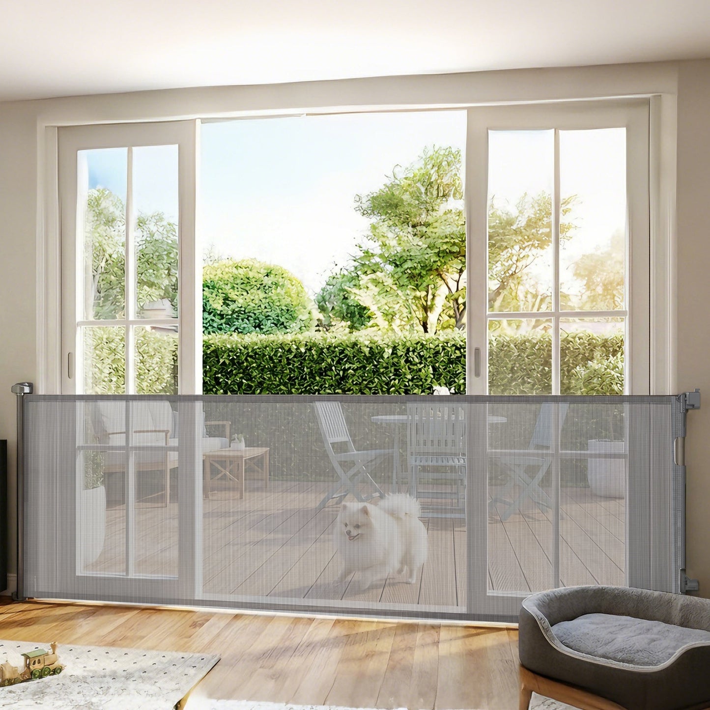 Retractable Stair Gate for Dogs, Pet Gate, Extends to 300 cm Wide & 104 cm Tall, One Handed Operation, for Stairs, Hallways, Doorways, Indoor and Outdoor, Grey