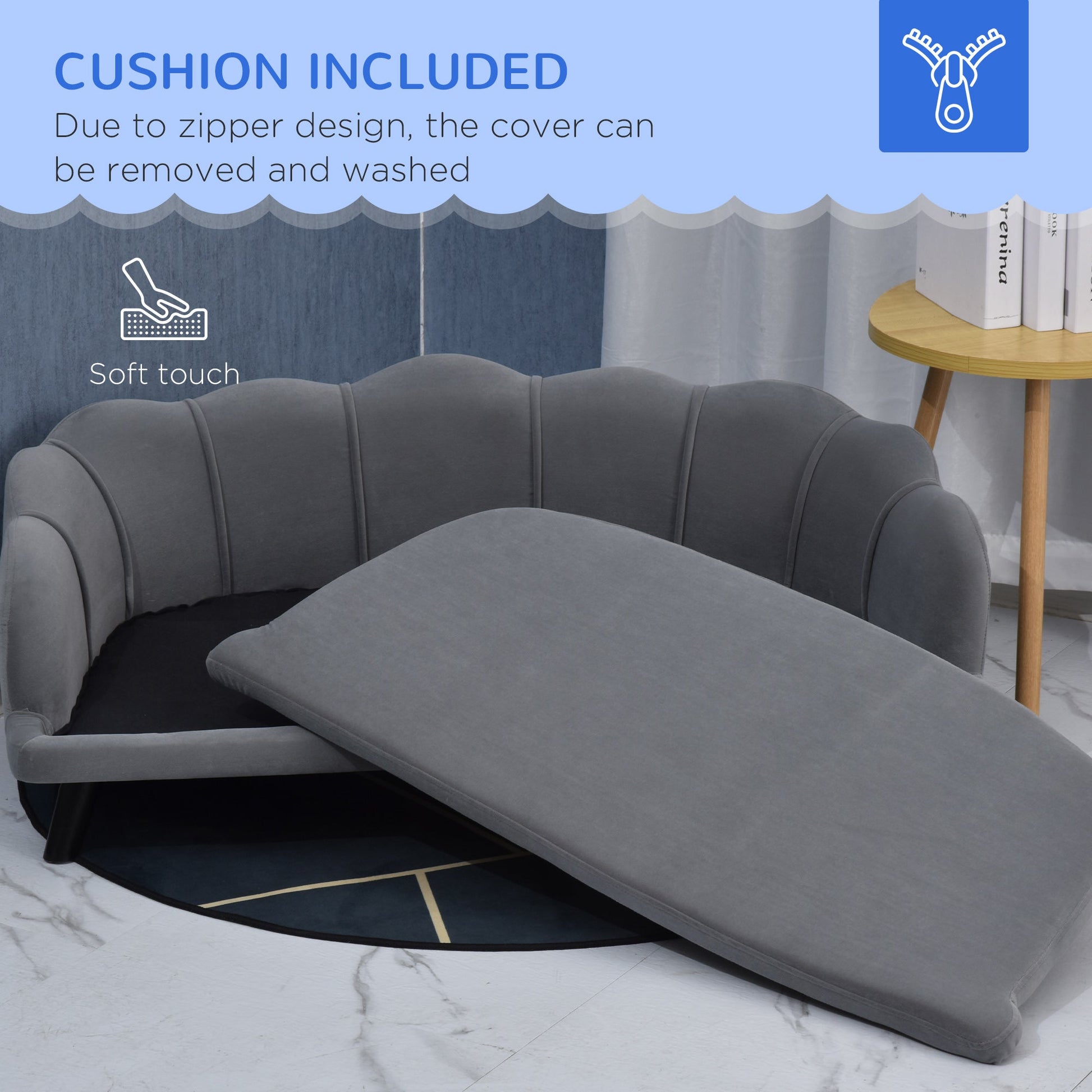 Dog Sofa for Medium, Large Dogs, Shell Shaped Pet Couch Bed w/ Legs, Cushion, Washable Cover - Grey