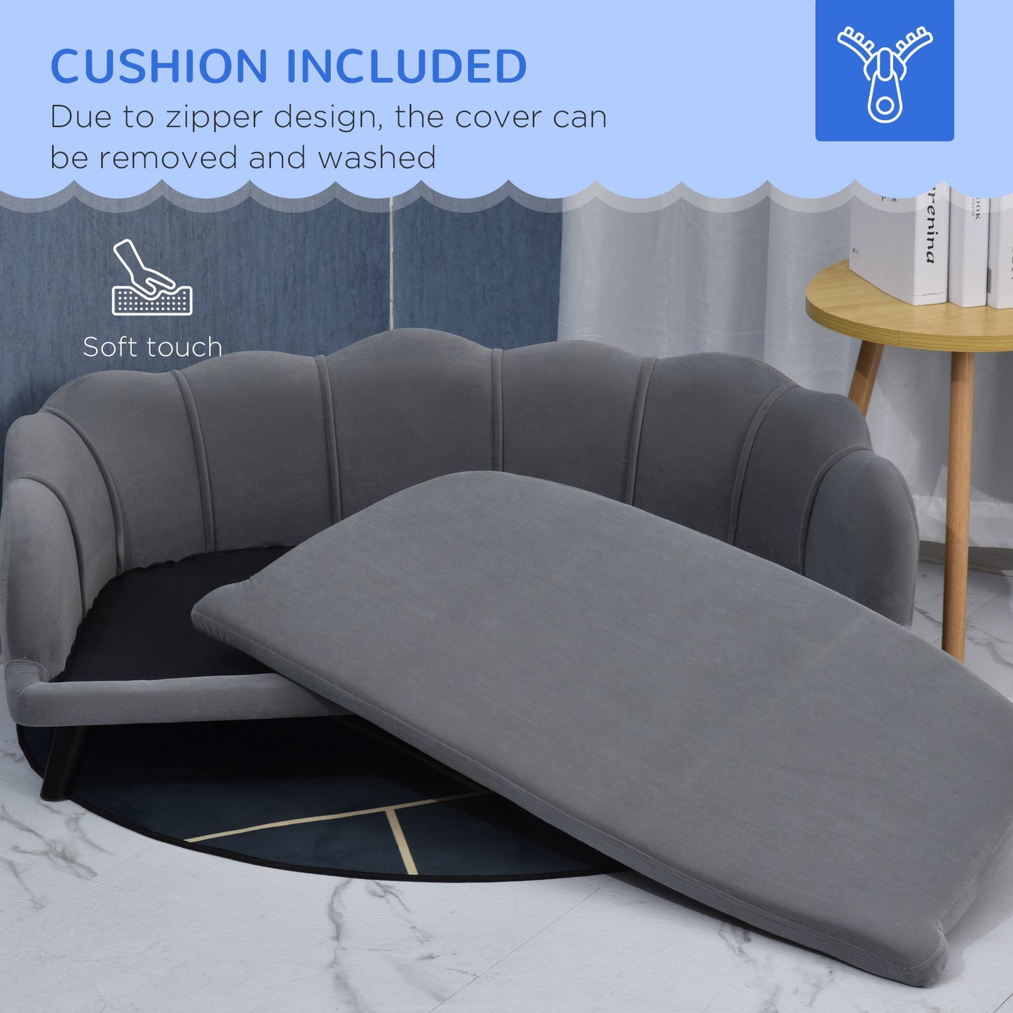 Dog Sofa for Medium, Large Dogs, Shell Shaped Pet Couch Bed w/ Legs, Cushion, Washable Cover - Grey