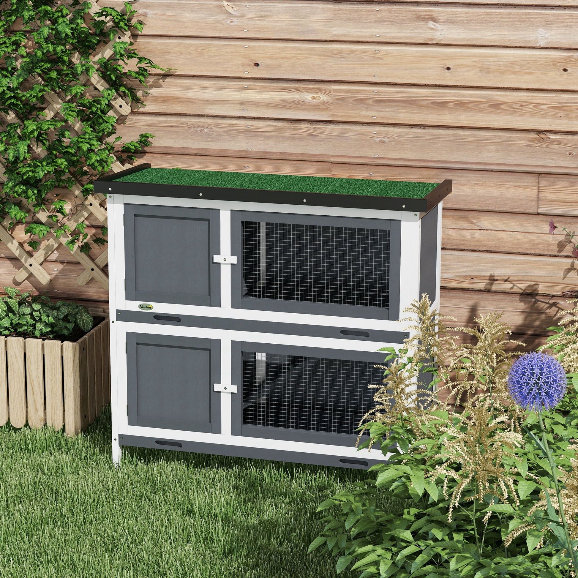 Rabbit Hutch  Guinea Pig Hutch Double Decker Pet Cage with Openable Roof, Divider, Ramp for Outdoor 100 x 47 x 91cm, Grey