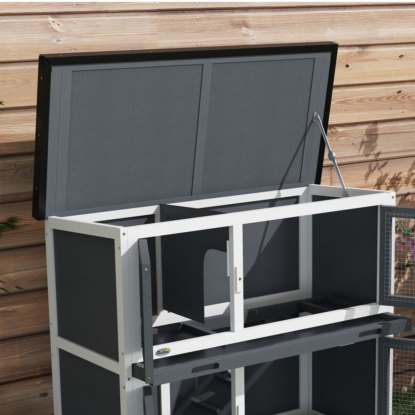 Rabbit Hutch  Guinea Pig Hutch Double Decker Pet Cage with Openable Roof, Divider, Ramp for Outdoor 100 x 47 x 91cm, Grey