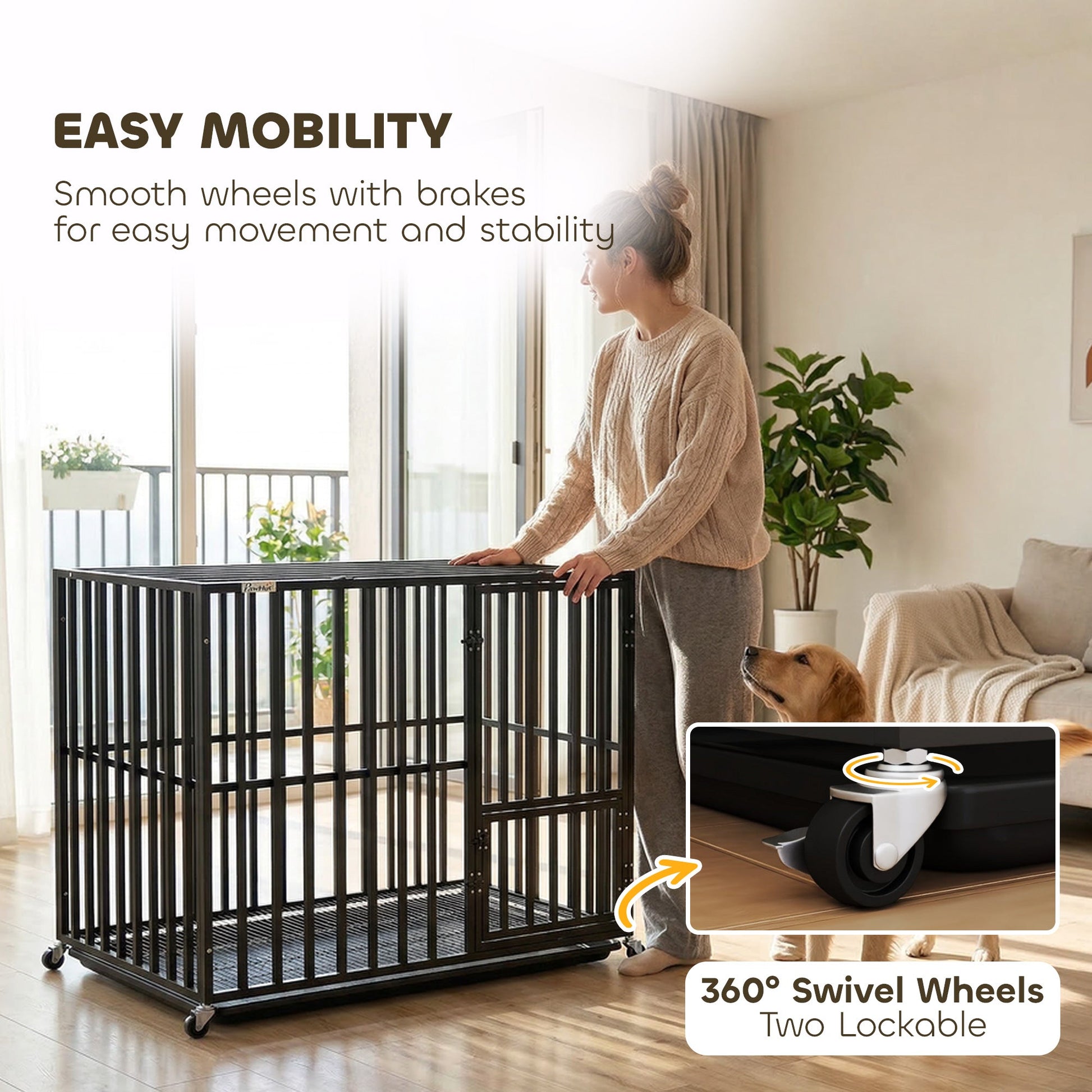 Heavy Duty Dog Crate, Dog Cage with Wheels for Extra Large Breeds, Metal Pet Crate with Removable Tray and 3 Doors for Indoor & Outdoor, 107 x 69 x 81 cm, Black