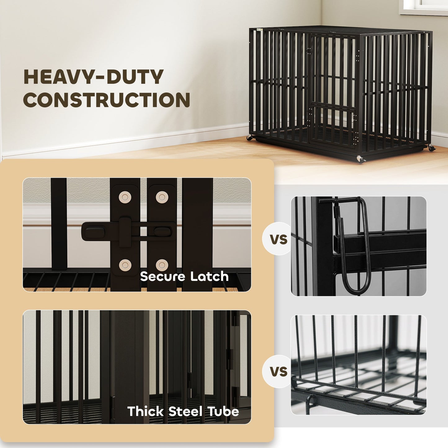 Heavy Duty Dog Crate, Dog Cage with Wheels for Extra Large Breeds, Metal Pet Crate with Removable Tray and 3 Doors for Indoor & Outdoor, 107 x 69 x 81 cm, Black