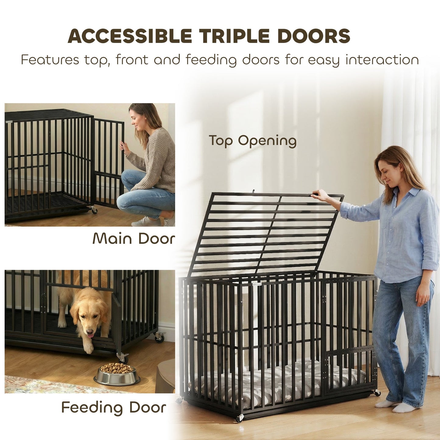 Heavy Duty Dog Crate, Dog Cage with Wheels for Extra Large Breeds, Metal Pet Crate with Removable Tray and 3 Doors for Indoor & Outdoor, 107 x 69 x 81 cm, Black