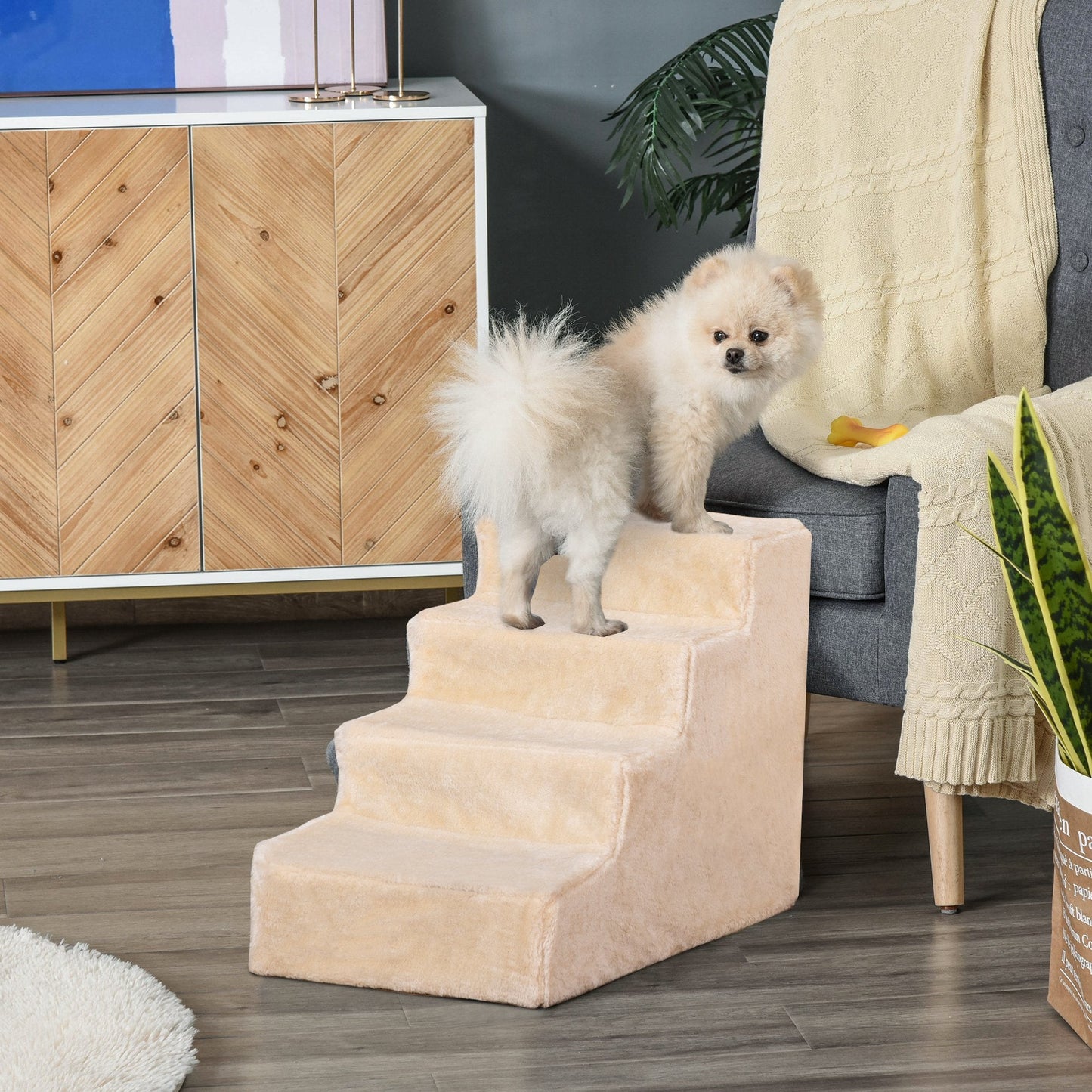 Dog Steps for Sofa, 4 Steps Dog Stairs, Pet Stairs, with Washable Plush Cover, for Small Breeds, Cats - Beige