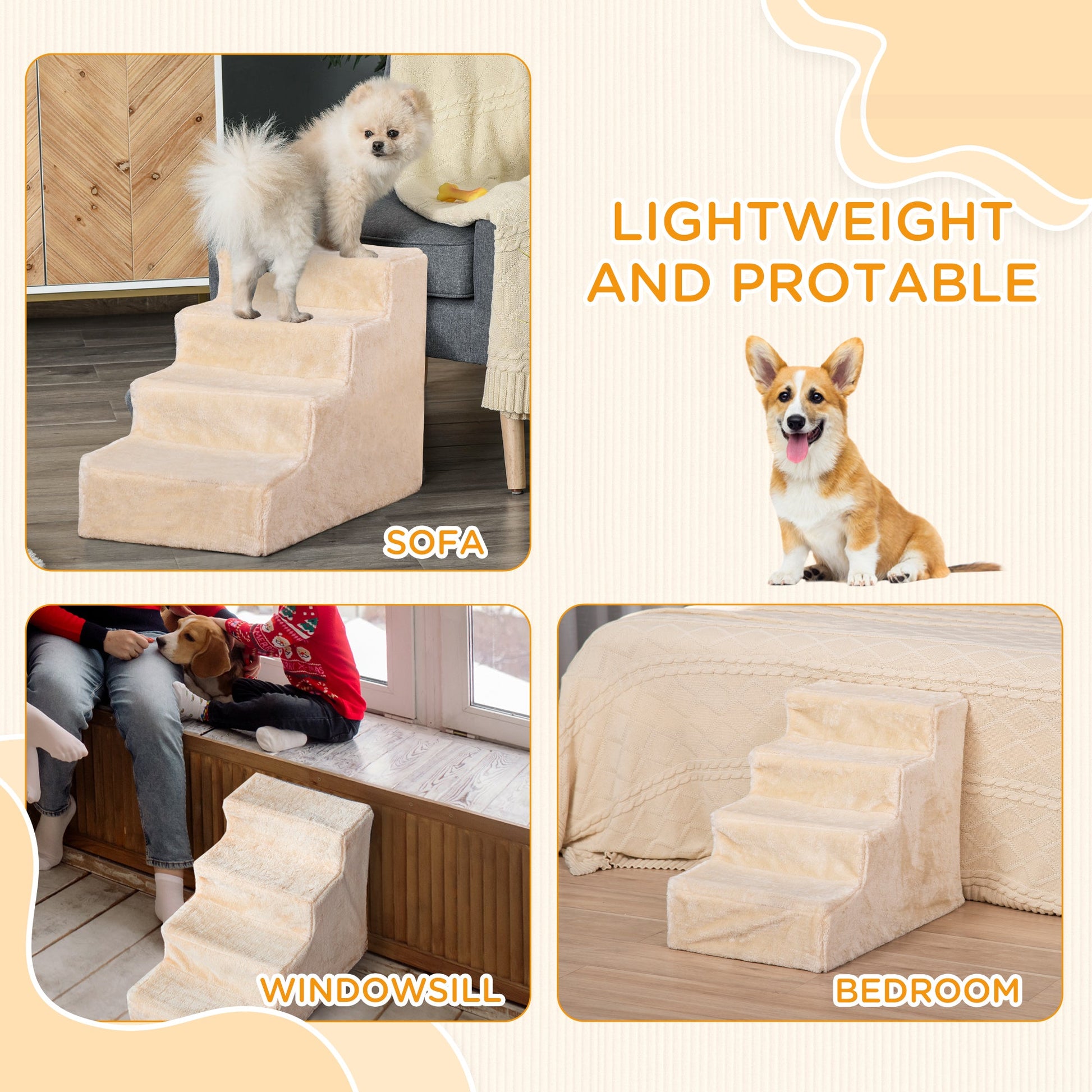 Dog Steps for Sofa, 4 Steps Dog Stairs, Pet Stairs, with Washable Plush Cover, for Small Breeds, Cats - Beige