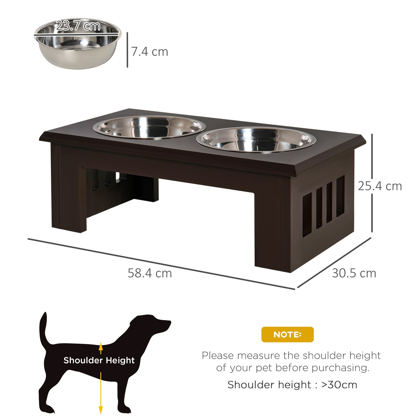 Raised Dog Bowl Feeding Bowls with Stand for Medium Dogs Elevated Pet Bowls Water Food Feeder 58L x 31W x 25H cm - Brown