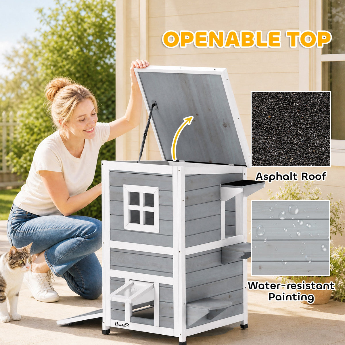 Wooden Cat House 2-Floor Outdoor Kitten Shelter with 3 Doors and Window Grey