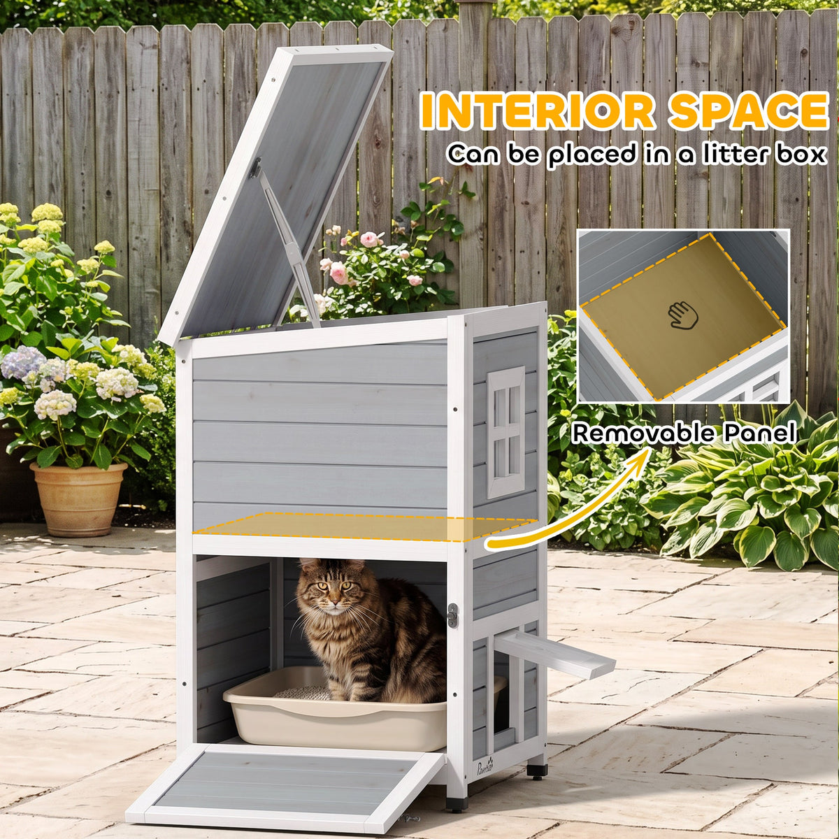 Wooden Cat House 2-Floor Outdoor Kitten Shelter with 3 Doors and Window Grey