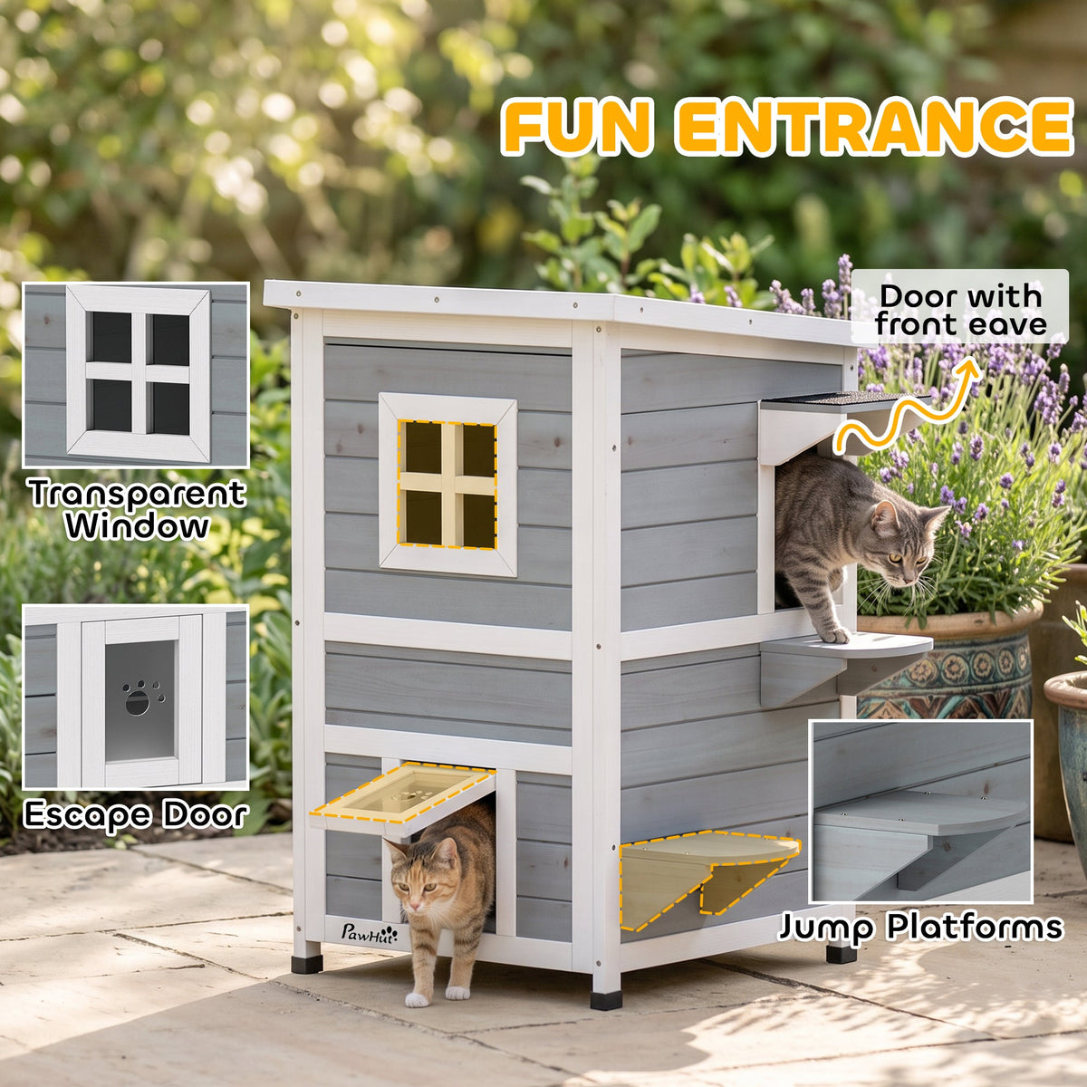 Wooden Cat House 2-Floor Outdoor Kitten Shelter with 3 Doors and Window Grey
