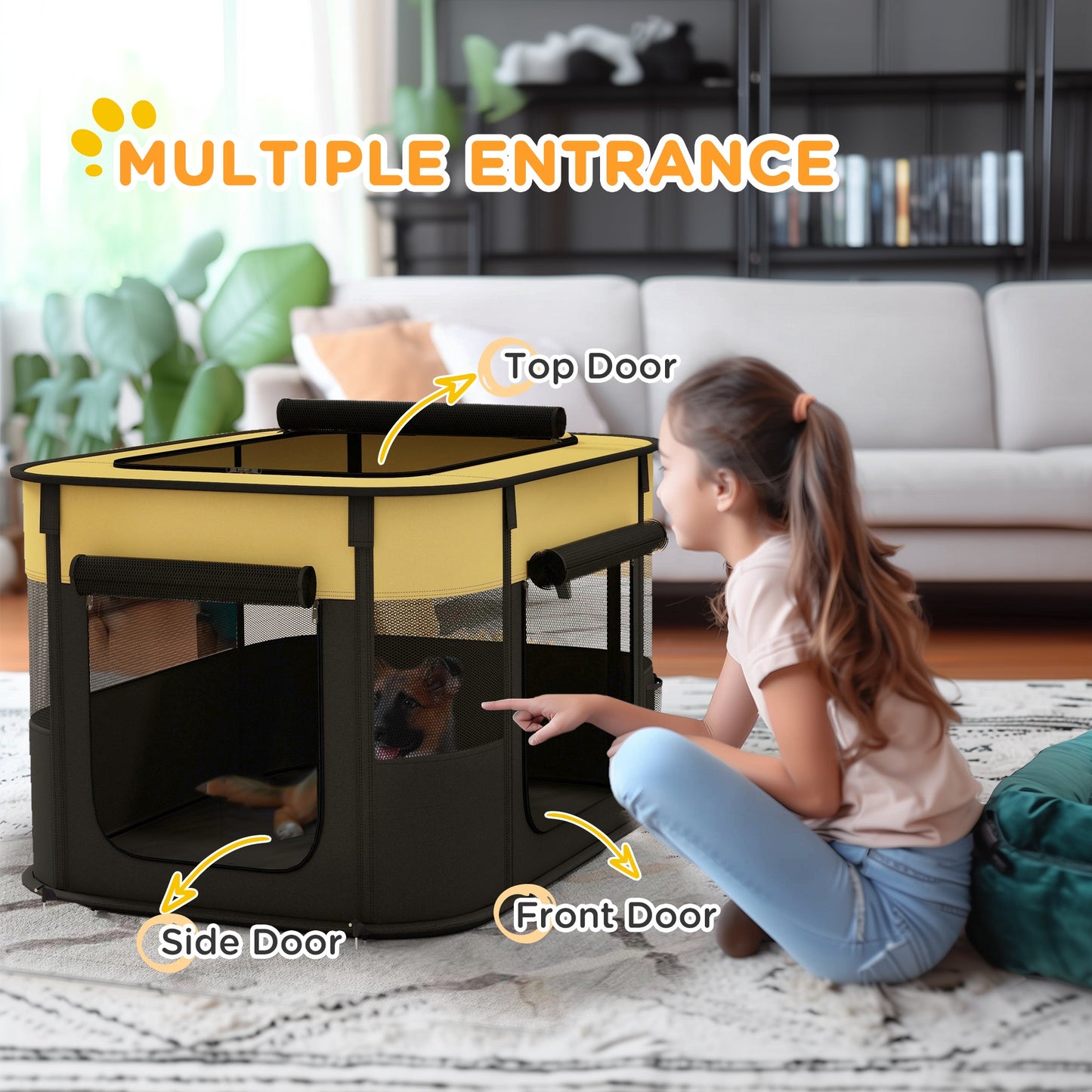 Dog Pen, Pet Playpen, Portable Foldable Dog Cat Playpen Soft Pet Cage with Storage Bag for Puppies, Rabbits, Kittens, Guinea Pigs, 84 x 64 x 53cm - Yellow