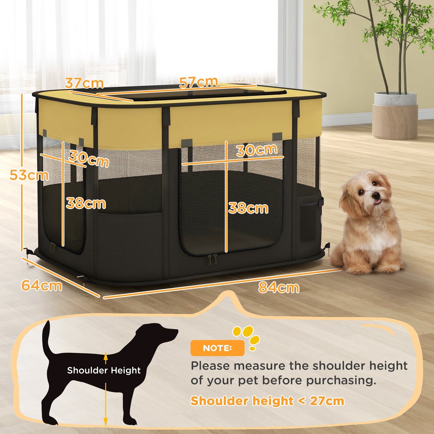 Dog Pen, Pet Playpen, Portable Foldable Dog Cat Playpen Soft Pet Cage with Storage Bag for Puppies, Rabbits, Kittens, Guinea Pigs, 84 x 64 x 53cm - Yellow