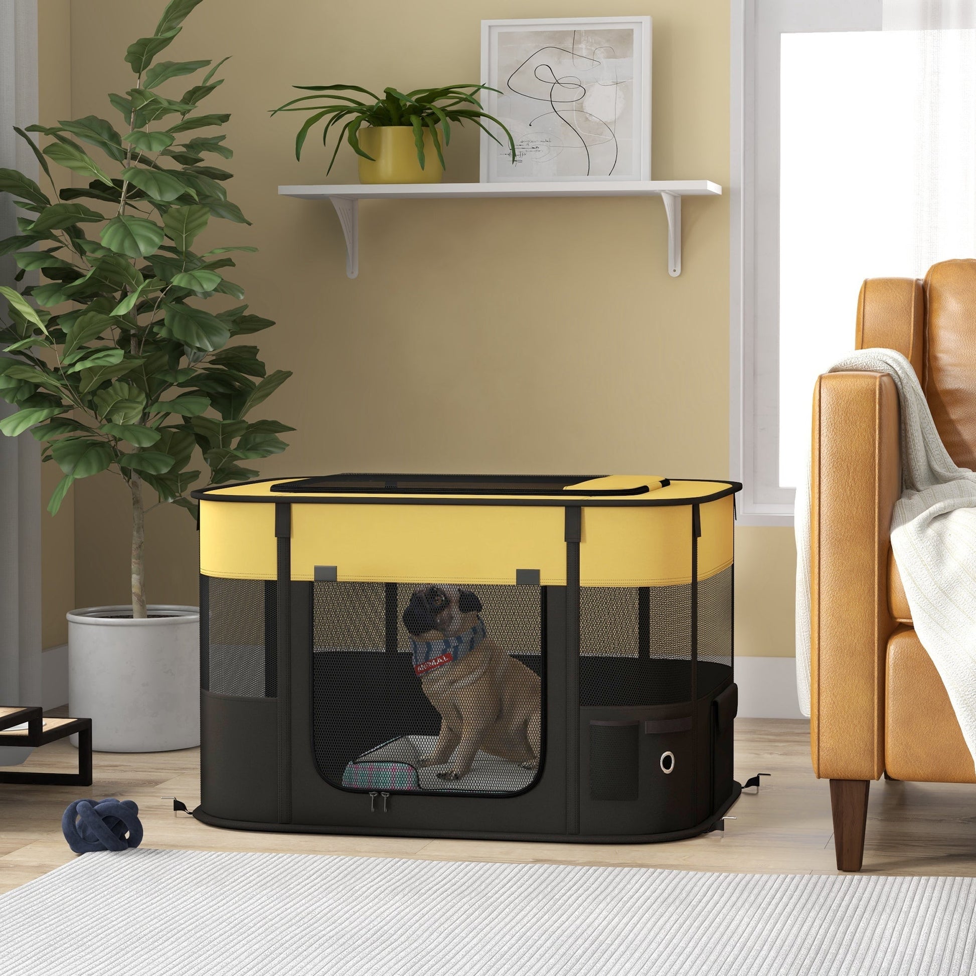 Dog Pen, Pet Playpen, Portable Foldable Dog Cat Playpen Soft Pet Cage with Storage Bag for Puppies, Rabbits, Kittens, Guinea Pigs, 84 x 64 x 53cm - Yellow