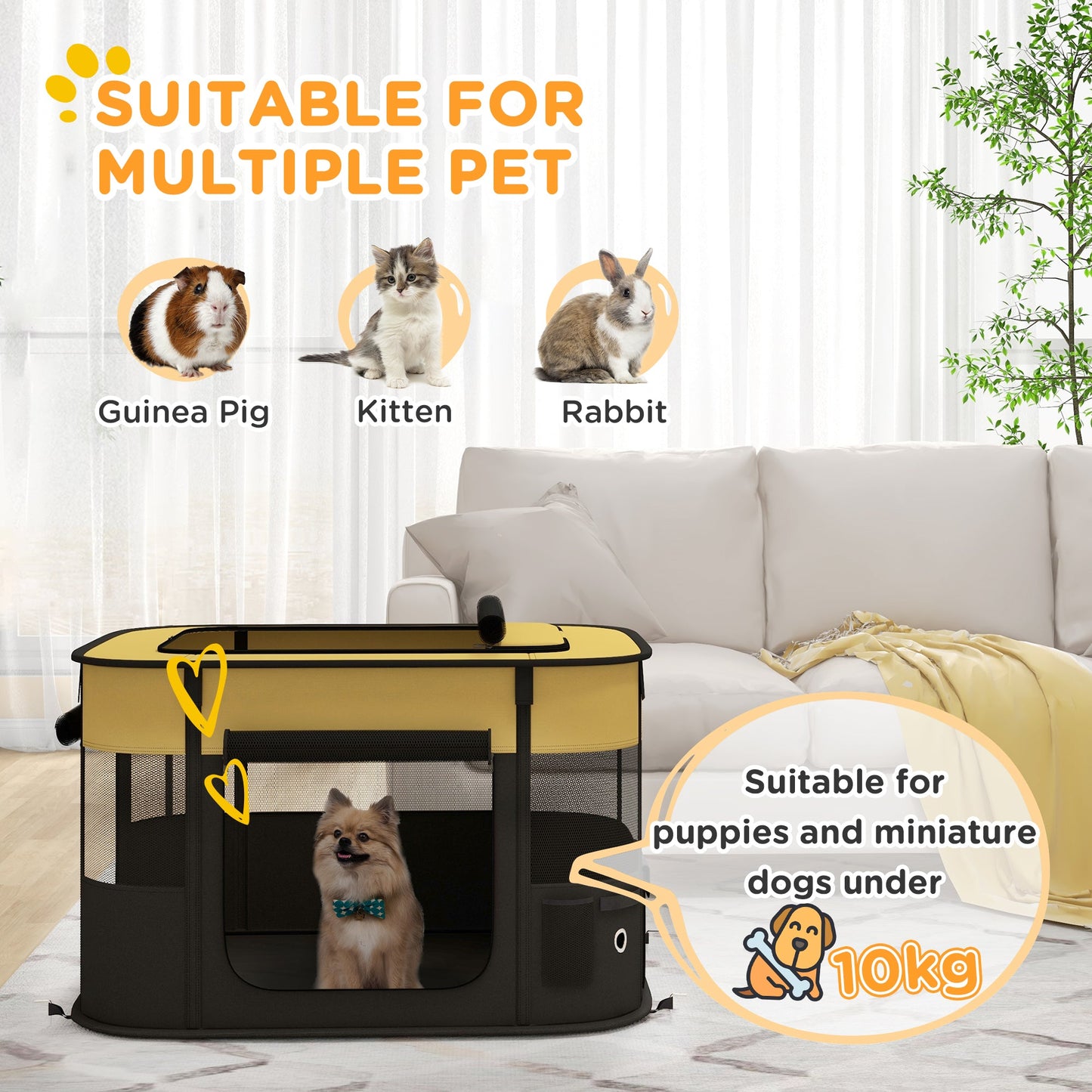 Dog Pen, Pet Playpen, Portable Foldable Dog Cat Playpen Soft Pet Cage with Storage Bag for Puppies, Rabbits, Kittens, Guinea Pigs, 84 x 64 x 53cm - Yellow