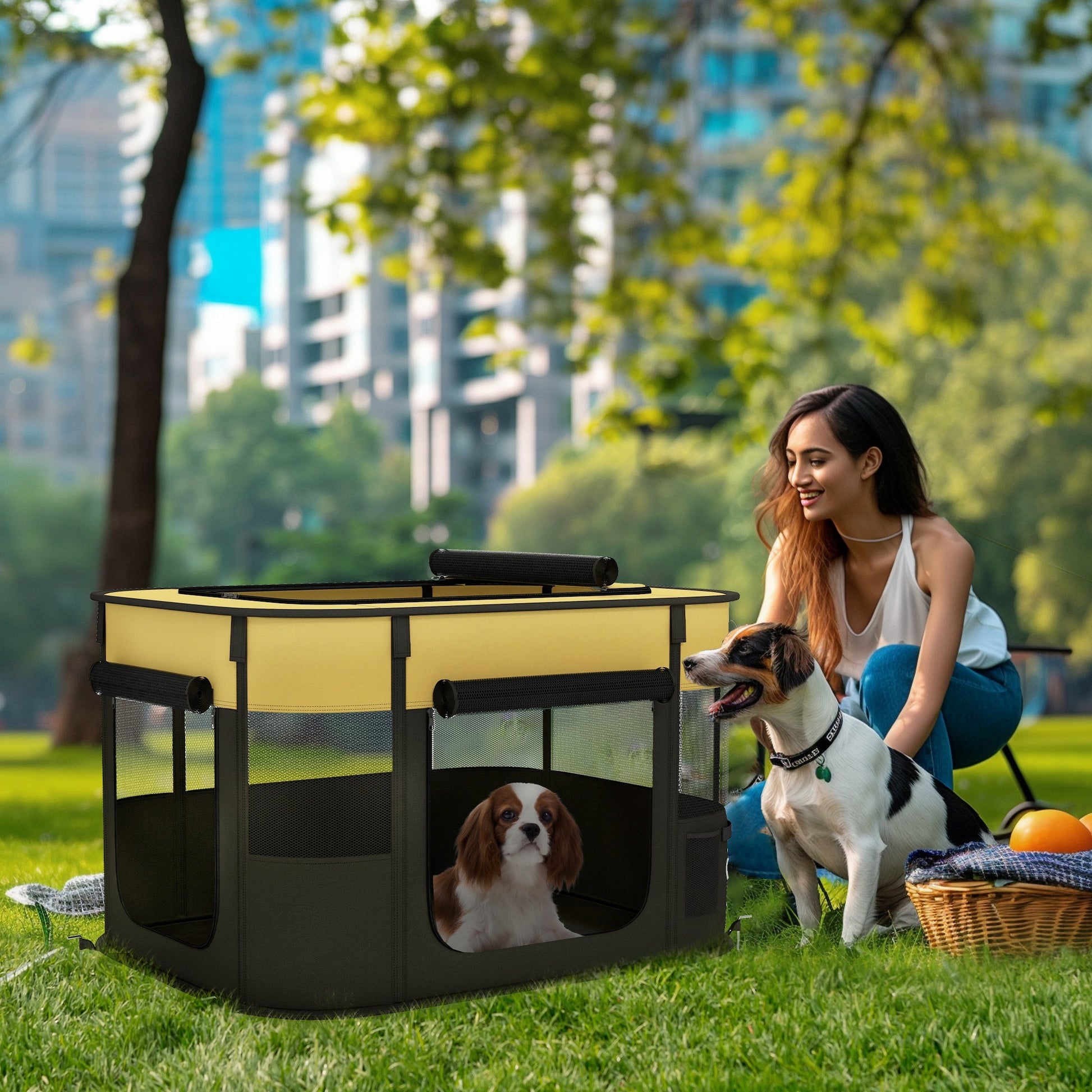 Dog Pen, Pet Playpen, Portable Foldable Dog Cat Playpen Soft Pet Cage with Storage Bag for Puppies, Rabbits, Kittens, Guinea Pigs, 84 x 64 x 53cm - Yellow