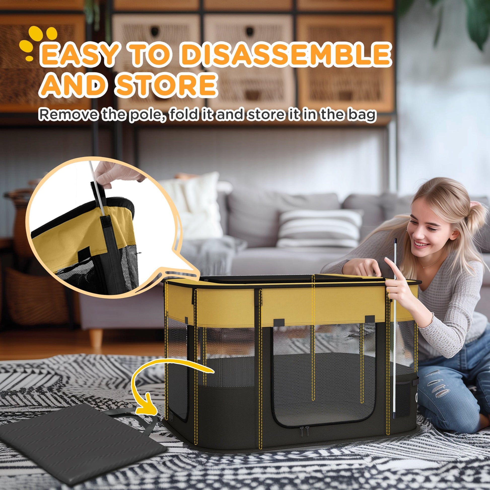 Dog Pen, Pet Playpen, Portable Foldable Dog Cat Playpen Soft Pet Cage with Storage Bag for Puppies, Rabbits, Kittens, Guinea Pigs, 84 x 64 x 53cm - Yellow