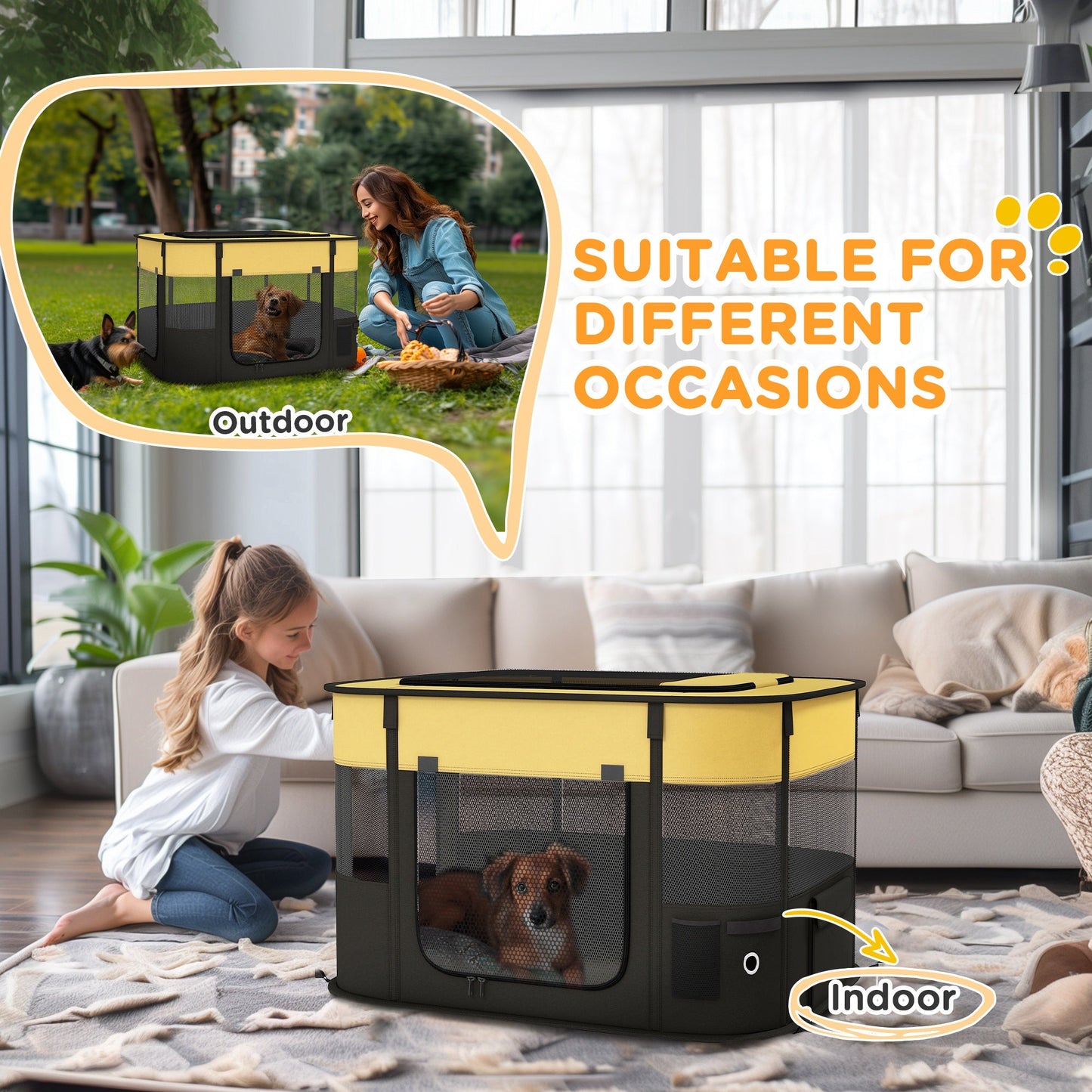 Dog Pen, Pet Playpen, Portable Foldable Dog Cat Playpen Soft Pet Cage with Storage Bag for Puppies, Rabbits, Kittens, Guinea Pigs, 84 x 64 x 53cm - Yellow