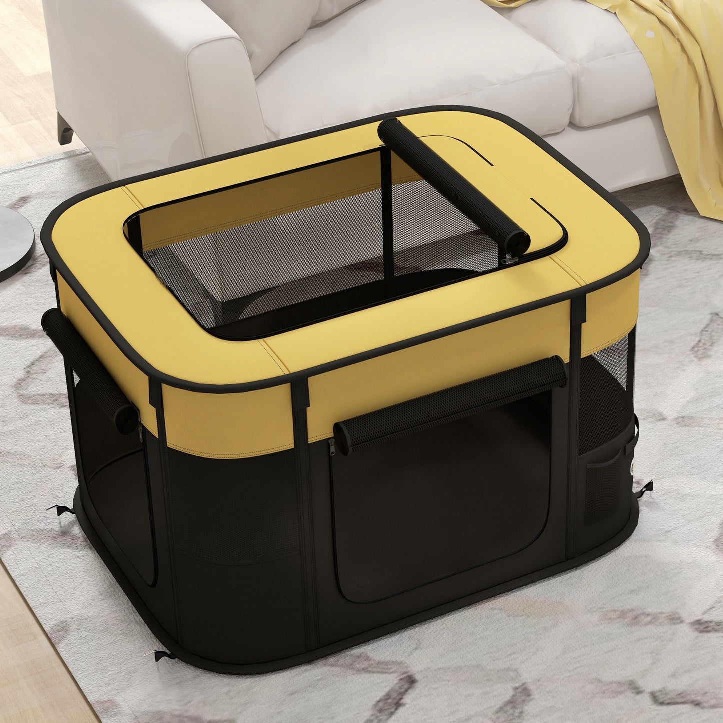 Dog Pen, Pet Playpen, Portable Foldable Dog Cat Playpen Soft Pet Cage with Storage Bag for Puppies, Rabbits, Kittens, Guinea Pigs, 84 x 64 x 53cm - Yellow