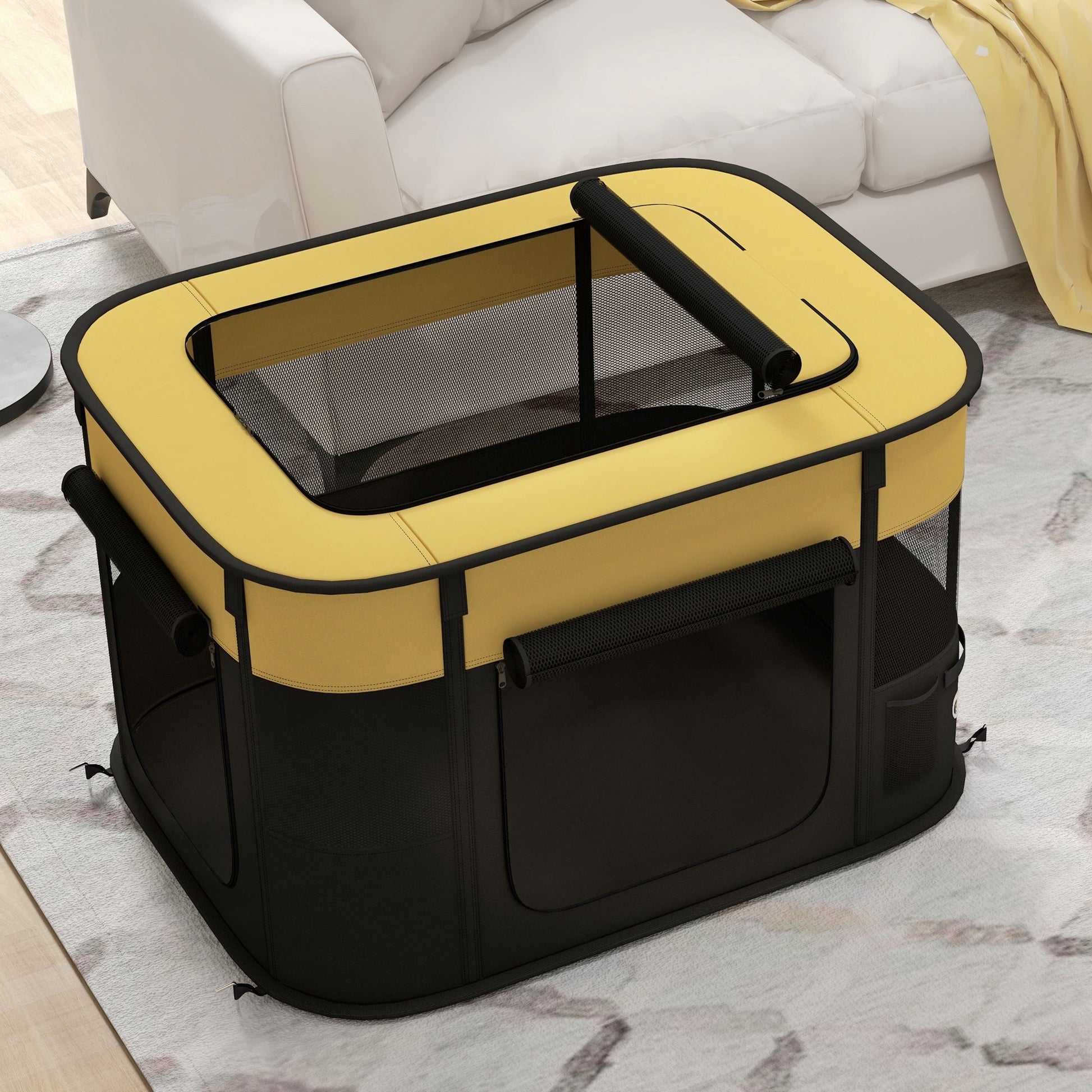 Dog Pen, Pet Playpen, Portable Foldable Dog Cat Playpen Soft Pet Cage with Storage Bag for Puppies, Rabbits, Kittens, Guinea Pigs, 84 x 64 x 53cm - Yellow