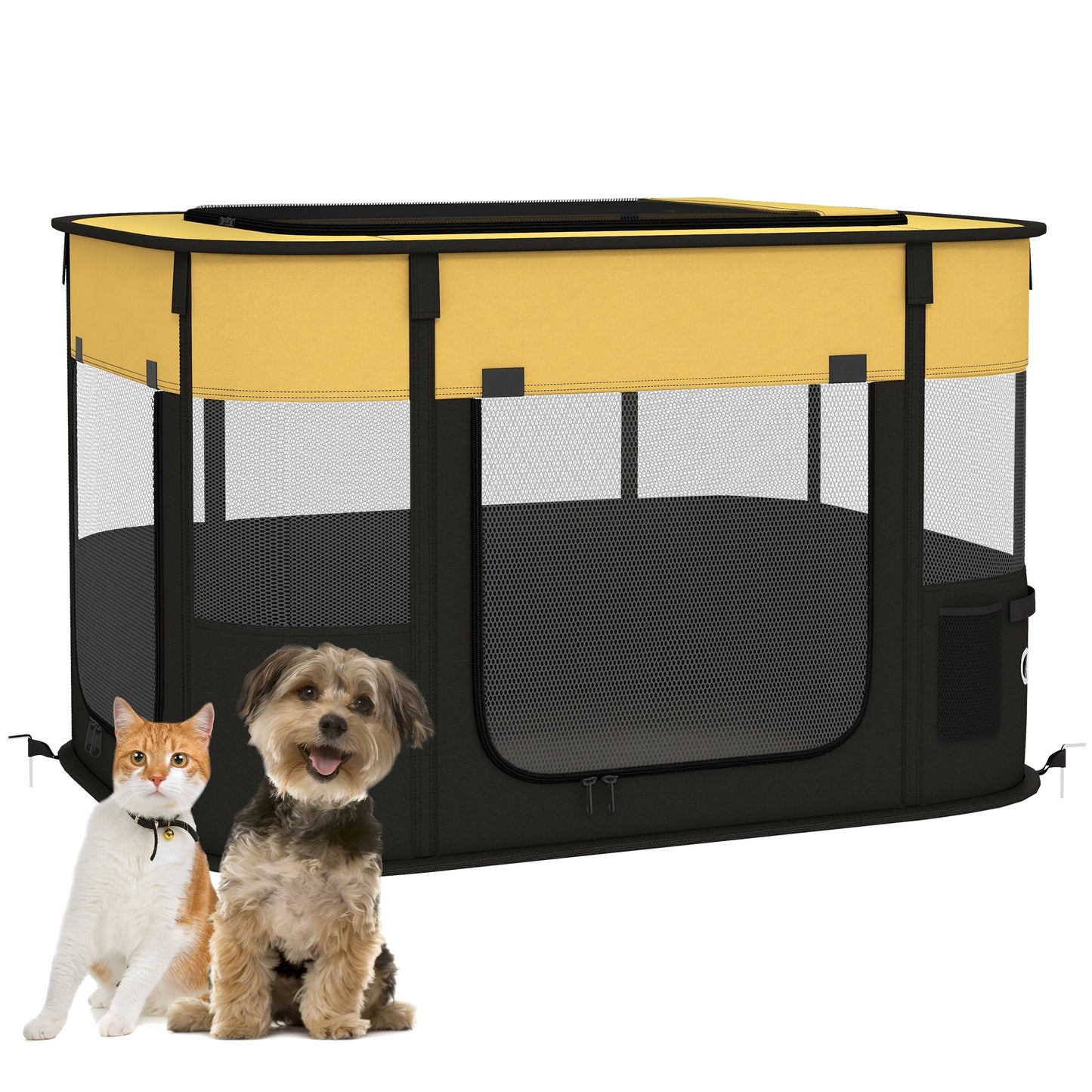 Dog Pen, Pet Playpen, Portable Foldable Dog Cat Playpen Soft Pet Cage with Storage Bag for Puppies, Rabbits, Kittens, Guinea Pigs, 84 x 64 x 53cm - Yellow