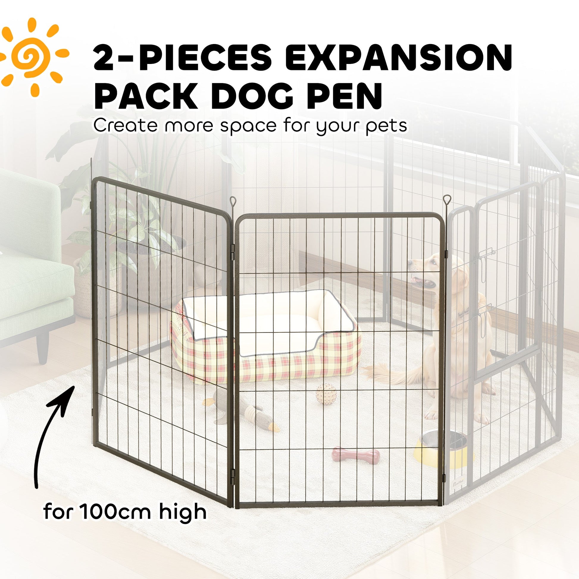 Dog Pen, 2 Panel Puppy Pen, Portable, Detachable, For Large Dogs, 100cm Tall, Black