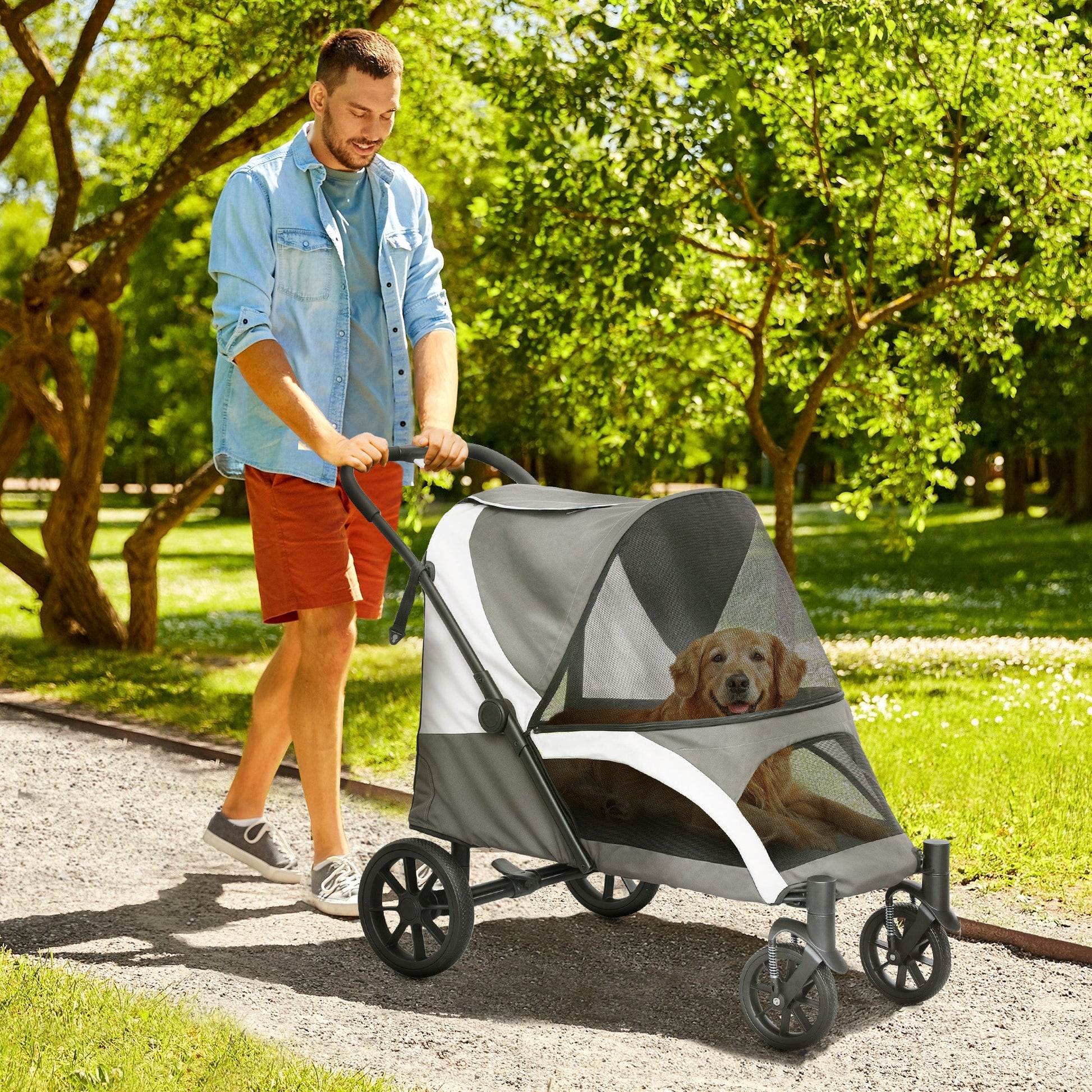 Dog Stroller, Easy Folding Pet Stroller for Large Dogs, Puppy Pram Pet Pushchair with 4 Big Wheels, Shock-Absorbing Frame, Safety Leashes, Brakes, Dark Grey