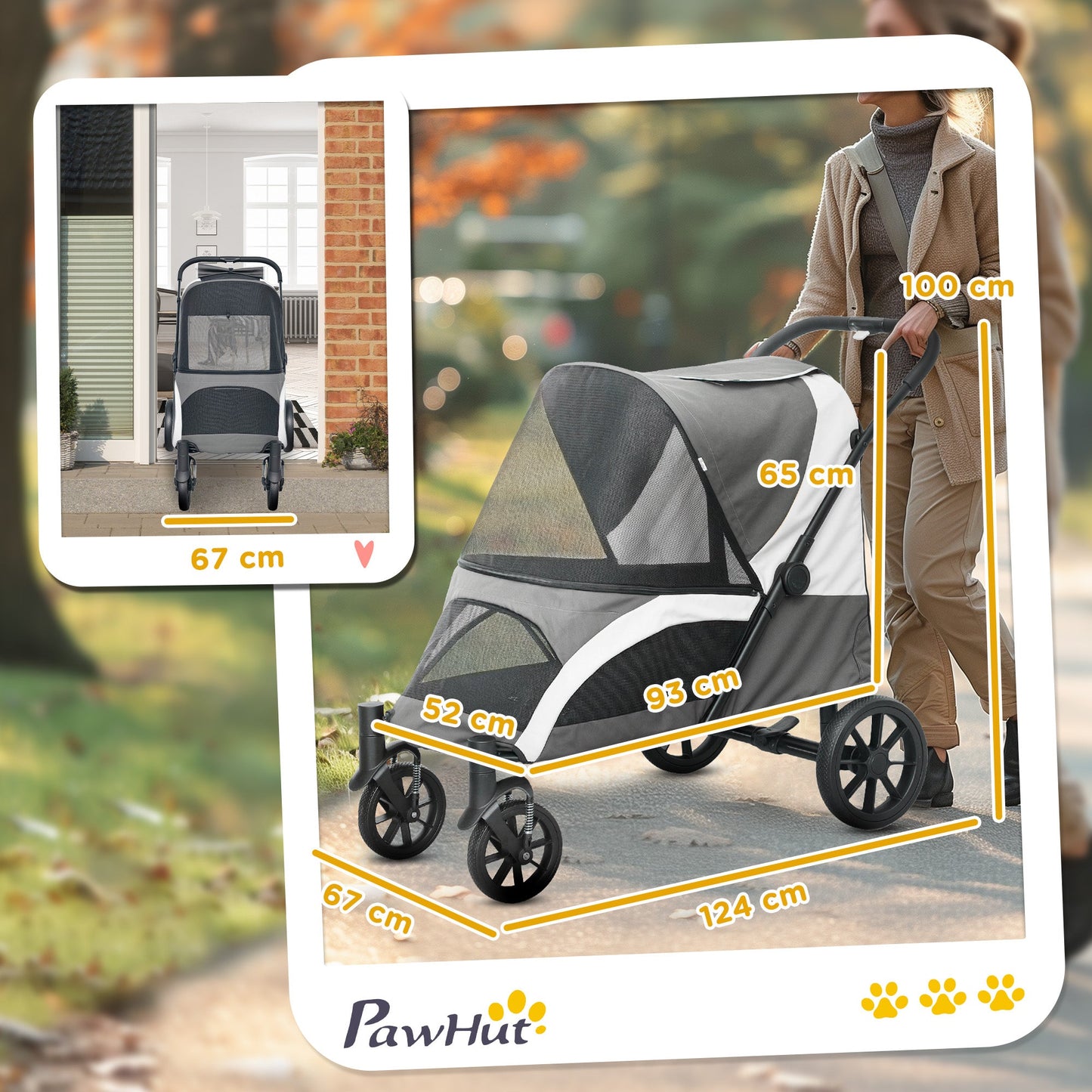 Dog Stroller, Easy Folding Pet Stroller for Large Dogs, Puppy Pram Pet Pushchair with 4 Big Wheels, Shock-Absorbing Frame, Safety Leashes, Brakes, Dark Grey