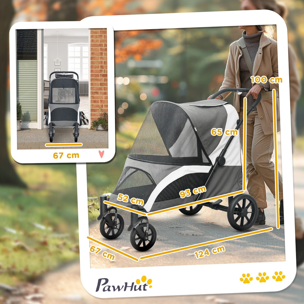 Dog Stroller, Easy Folding Pet Stroller for Large Dogs, Puppy Pram Pet Pushchair with 4 Big Wheels, Shock-Absorbing Frame, Safety Leashes, Brakes, Dark Grey