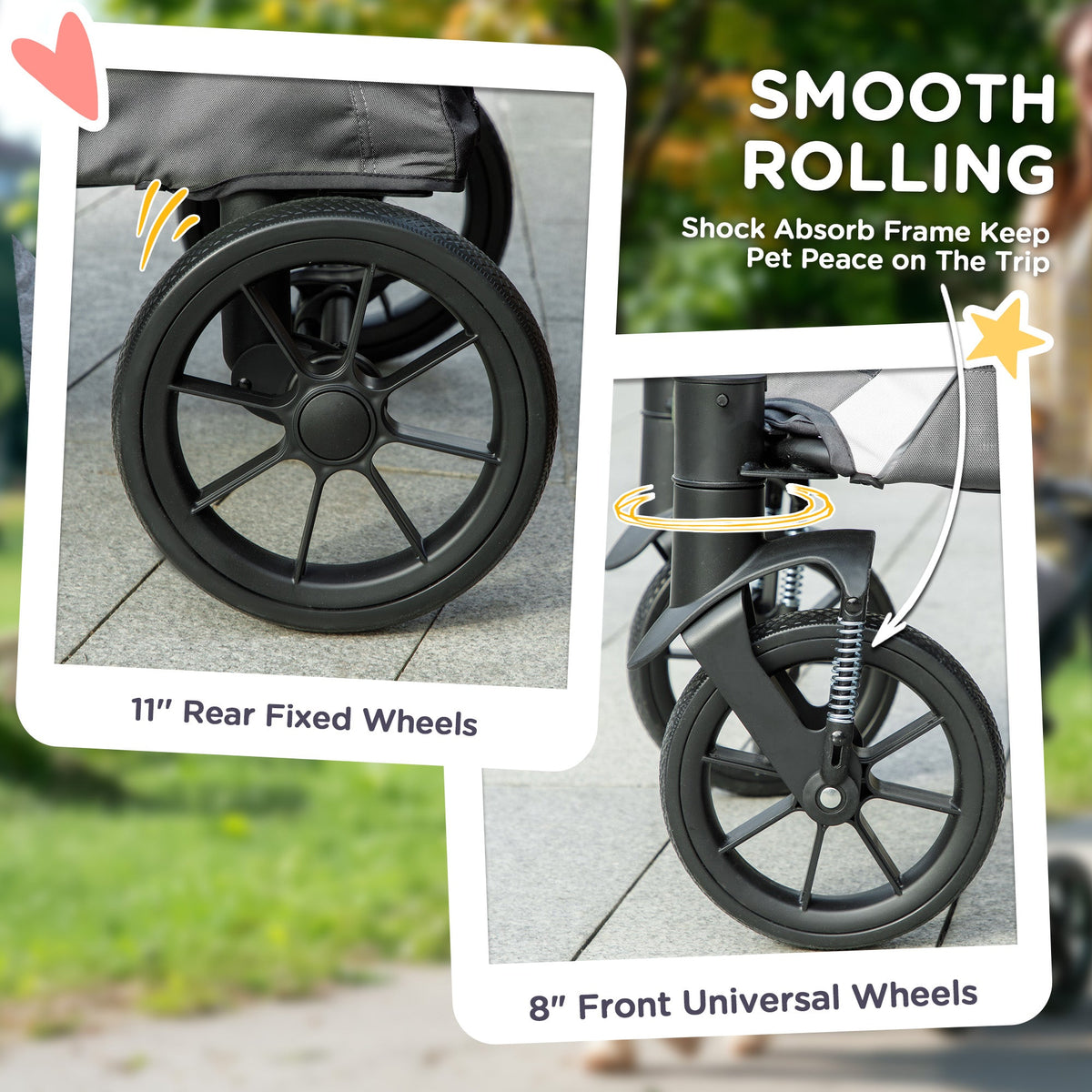 Dog Stroller, Easy Folding Pet Stroller for Large Dogs, Puppy Pram Pet Pushchair with 4 Big Wheels, Shock-Absorbing Frame, Safety Leashes, Brakes, Dark Grey