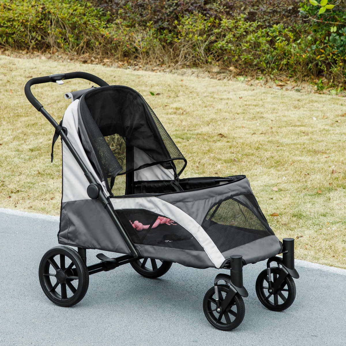 Dog Stroller, Easy Folding Pet Stroller for Large Dogs, Puppy Pram Pet Pushchair with 4 Big Wheels, Shock-Absorbing Frame, Safety Leashes, Brakes, Dark Grey