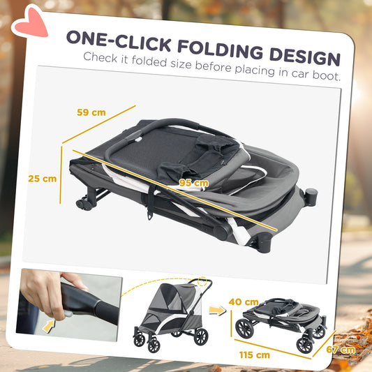 Dog Stroller, Easy Folding Pet Stroller for Large Dogs, Puppy Pram Pet Pushchair with 4 Big Wheels, Shock-Absorbing Frame, Safety Leashes, Brakes, Dark Grey