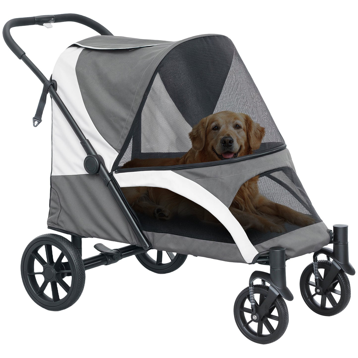 Dog Stroller, Easy Folding Pet Stroller for Large Dogs, Puppy Pram Pet Pushchair with 4 Big Wheels, Shock-Absorbing Frame, Safety Leashes, Brakes, Dark Grey