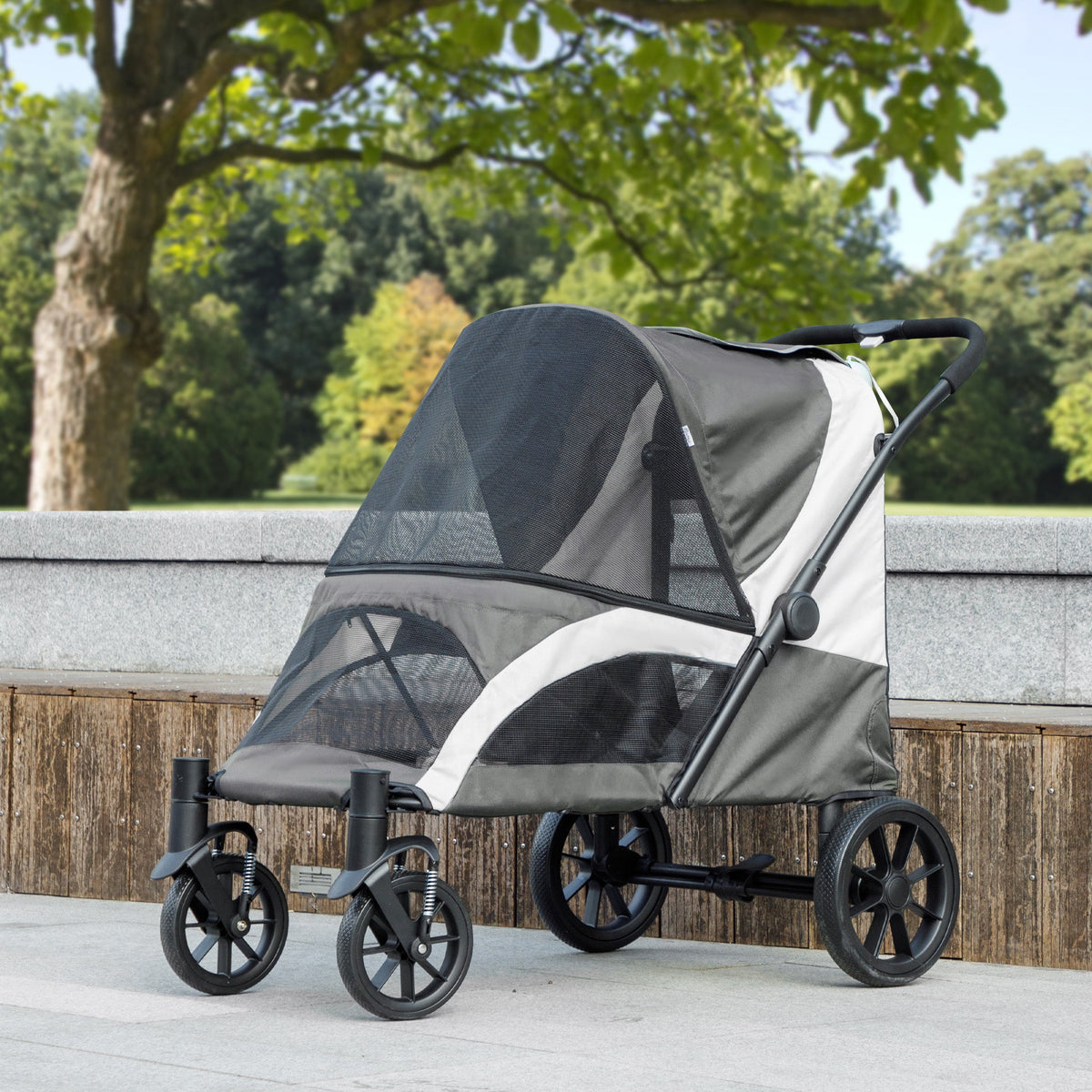 Dog Stroller, Easy Folding Pet Stroller for Large Dogs, Puppy Pram Pet Pushchair with 4 Big Wheels, Shock-Absorbing Frame, Safety Leashes, Brakes, Dark Grey