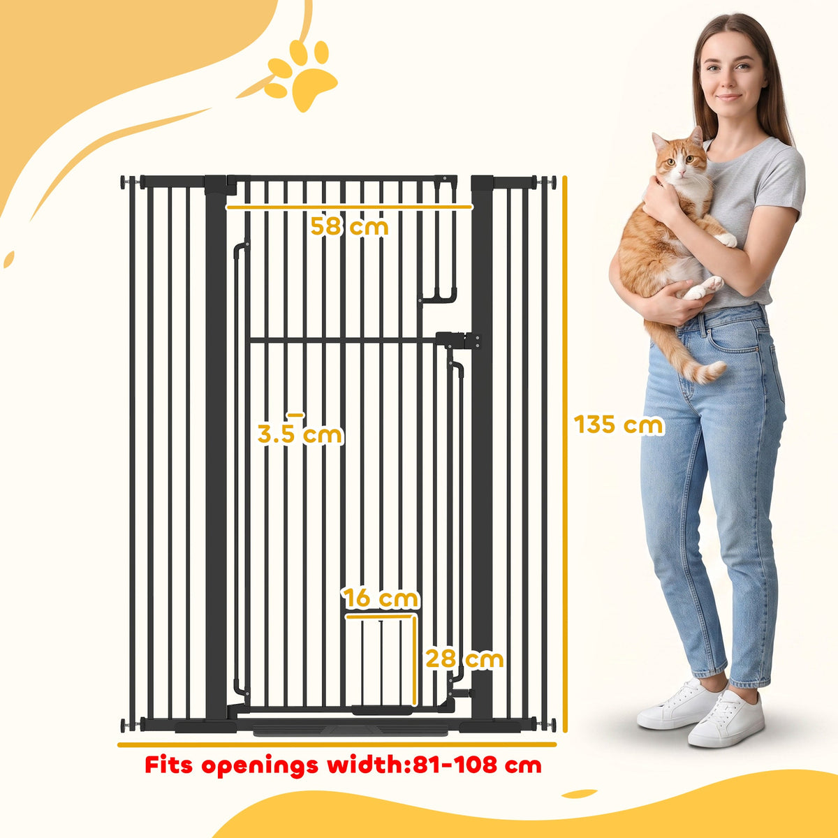 135cm Tall Pet Gate with Cat Door, 81-108 cm Wide Adjustable Pressure Mounted Dog Gate for Doorways, Hallways, Stairs, Includes 2 Extensions, No Drilling, Black