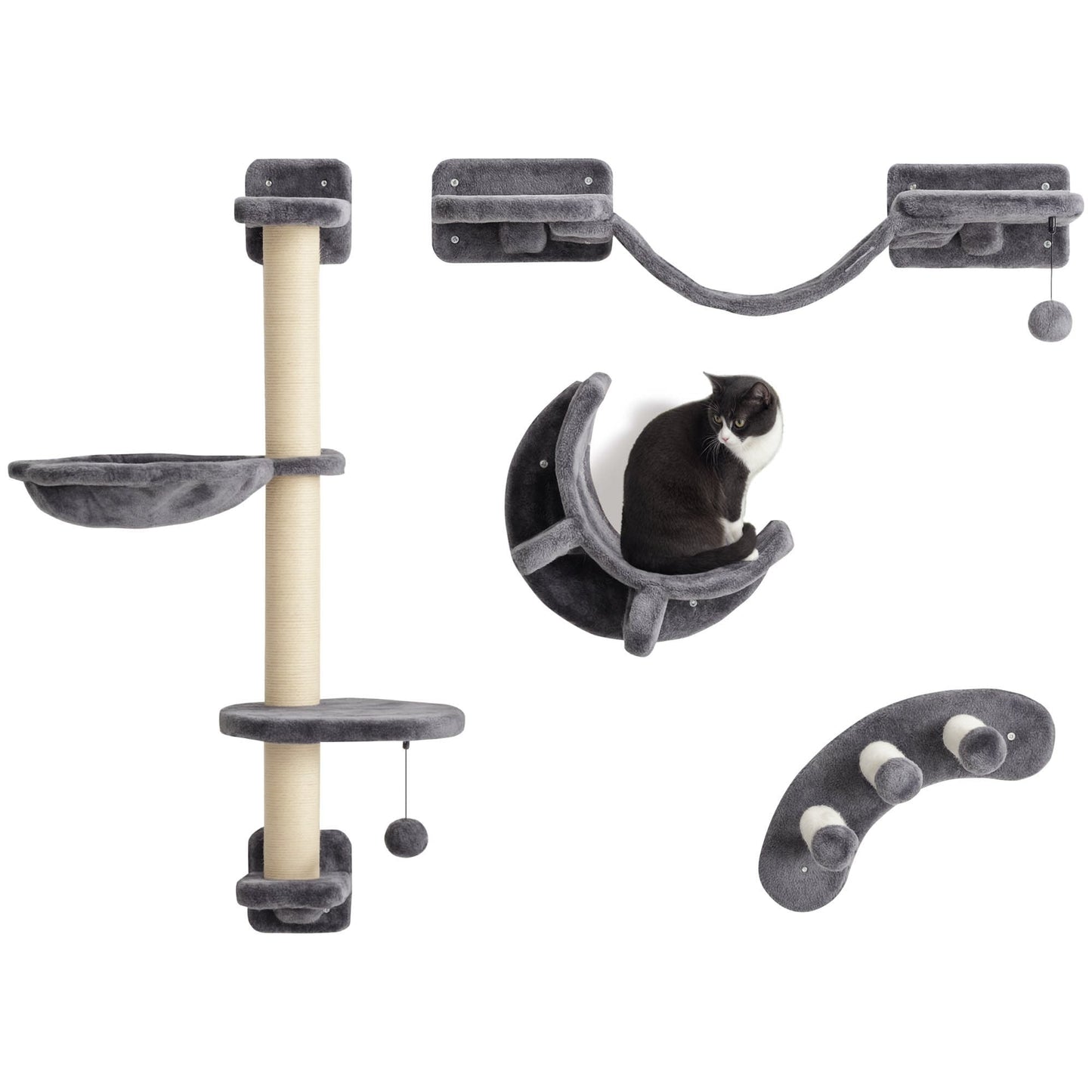4 Piece Cat Shelves, Cat Wall Furniture with Hammock, Scratching Posts, Soft Ladder, Steps, Jump Platforms, for Indoor Kittens - Dark Grey