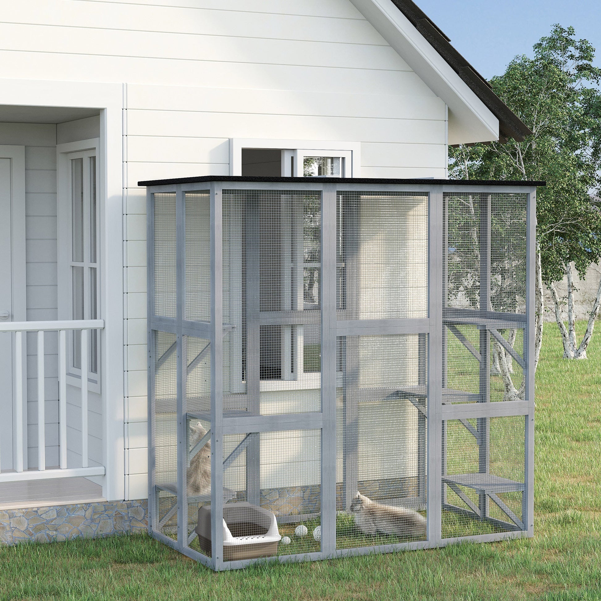 Large Outdoor Cat House, Walk-in Cat Enclosure, Wooden Catio with 6 Jumping Platforms, Waterproof Asphalt Roof