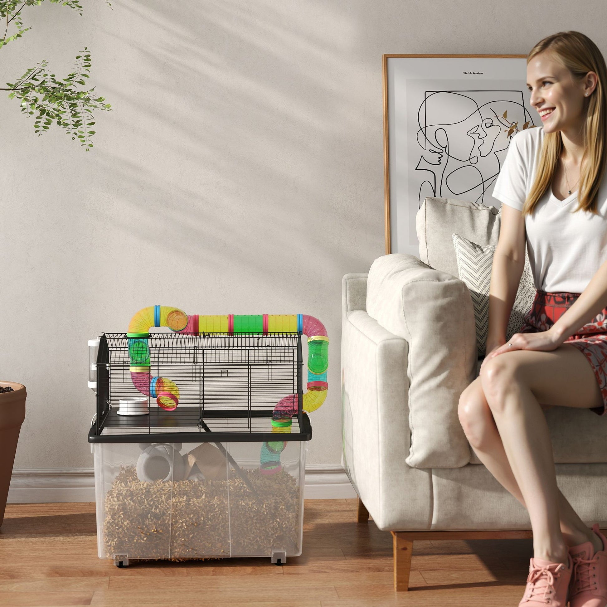 Hamster Cage, 2 Tier Gerbil Cage with 31cm Deep Tray, Tube System, Water Bottle, Ramp, Feeding Bowl, 58 x 43 x 57cm, Multicoloured